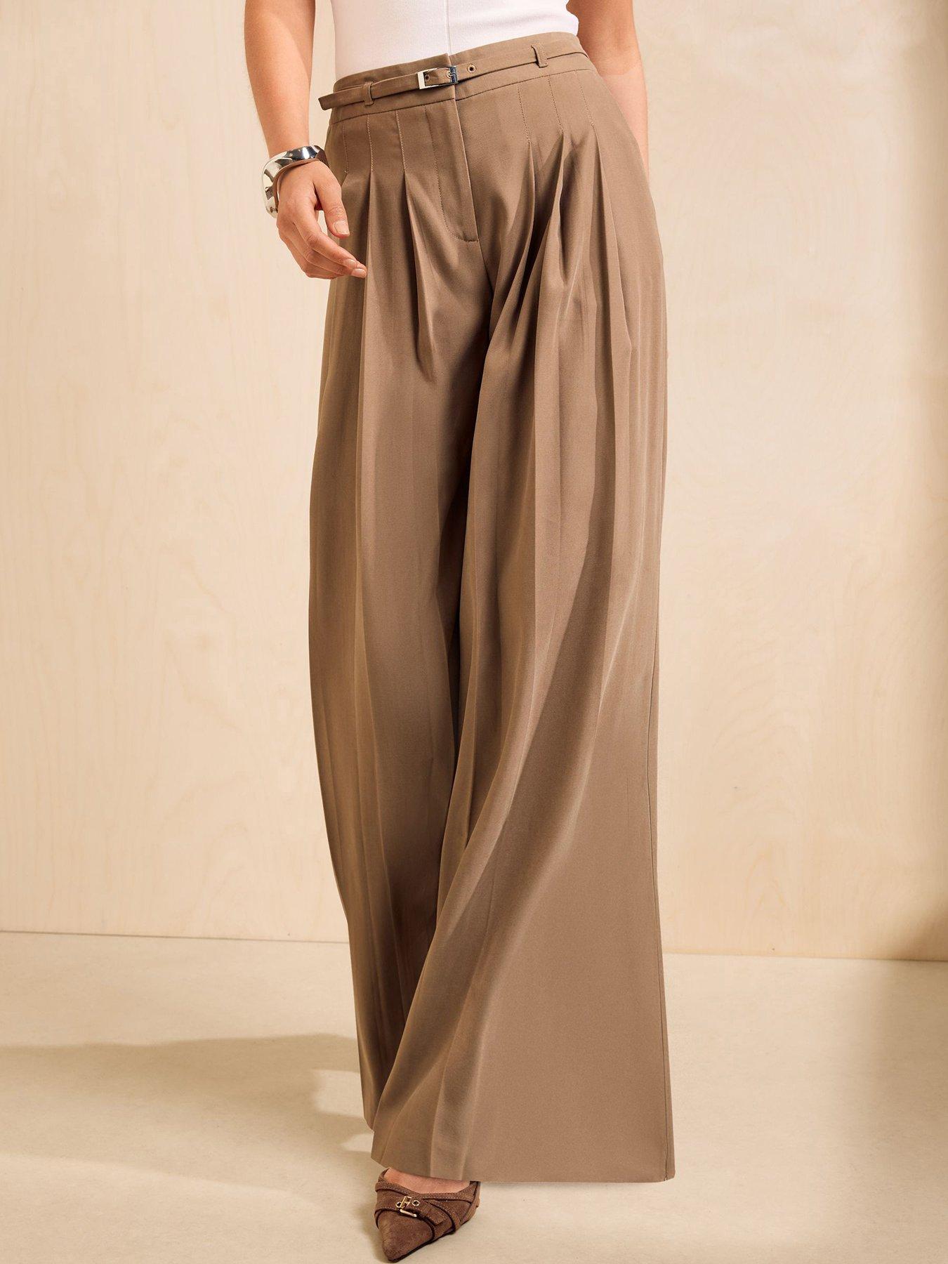Image 1 of 6 of Friends Like These Mocha Brown Belted Pleat Wide Leg Trousers
