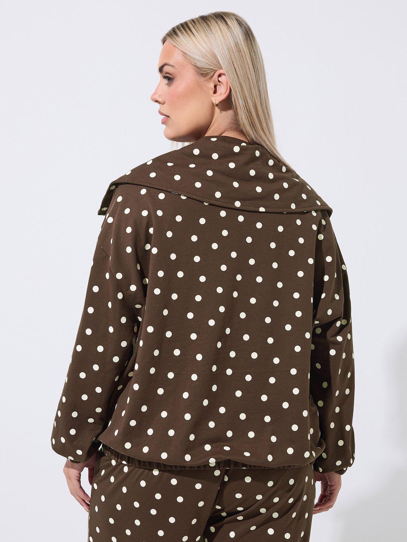 Image 2 of 4 of Yours Womens Plus Size Polka Dot Half Zip Hoodie - Brown