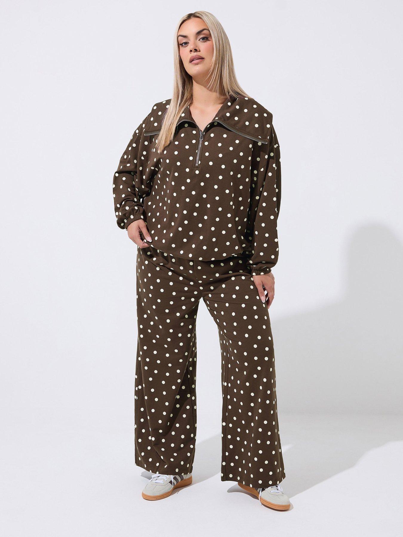 Image 3 of 4 of Yours Womens Plus Size Polka Dot Half Zip Hoodie - Brown