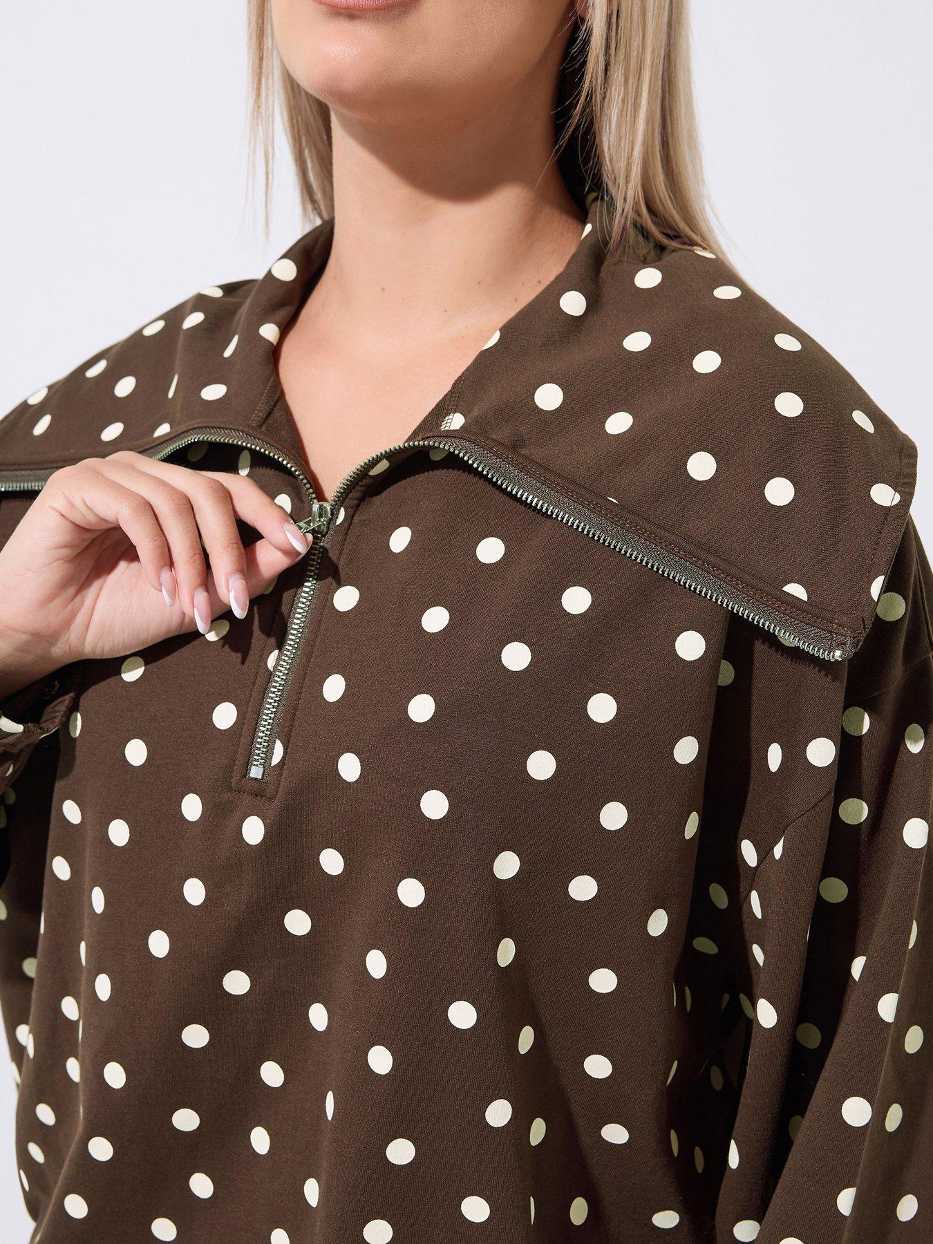 Image 4 of 4 of Yours Womens Plus Size Polka Dot Half Zip Hoodie - Brown