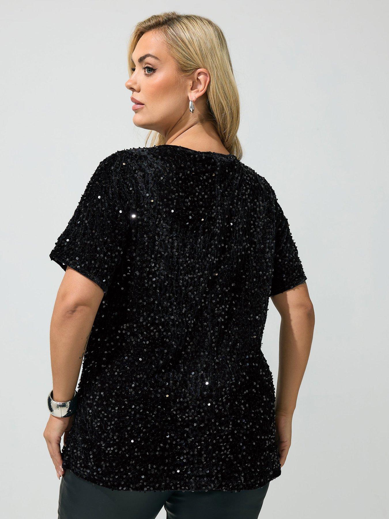 Image 2 of 4 of Yours Womens Plus Size Sequin Velvet Longer Length T-Shirt - Black