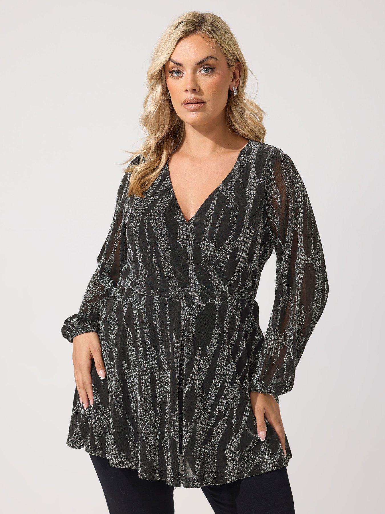 Image 1 of 4 of Yours Womens Plus Size Metallic Wrap V-Neck Long Sleeve Blouse - Black