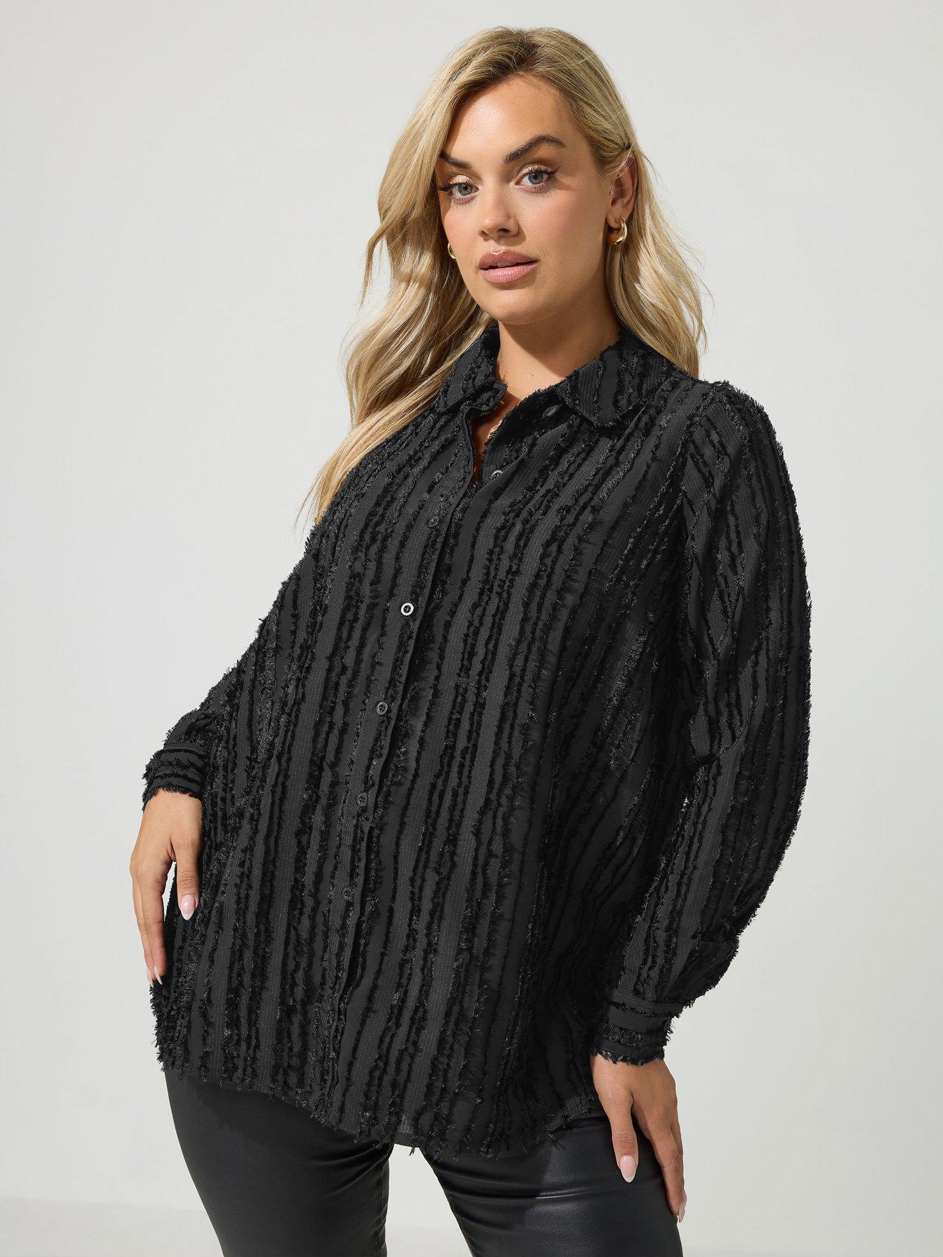 Image 1 of 4 of Yours Womens Curve Jacquard Stripe Longline Button-Through Shirt - Black