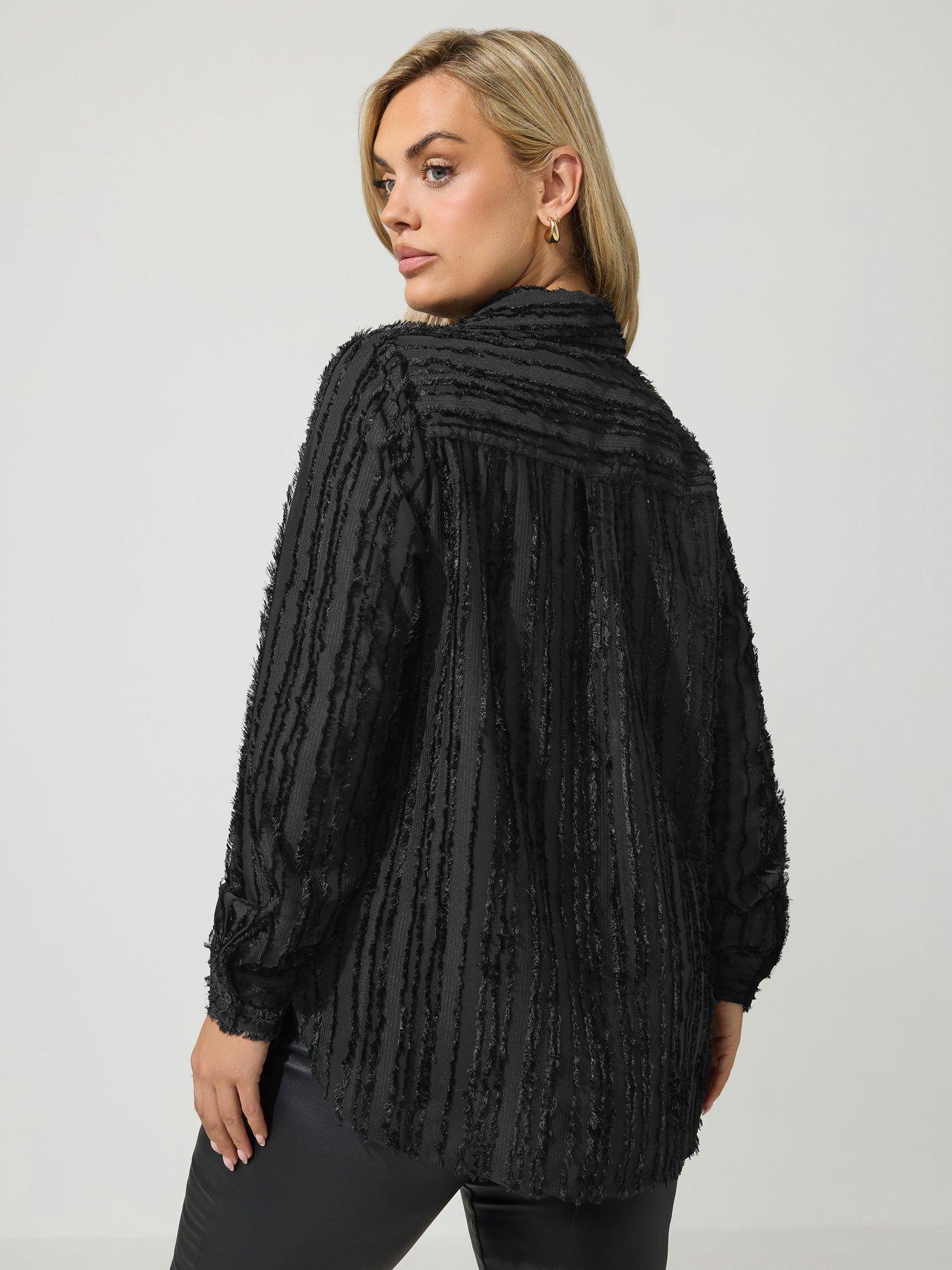Image 2 of 4 of Yours Womens Curve Jacquard Stripe Longline Button-Through Shirt - Black