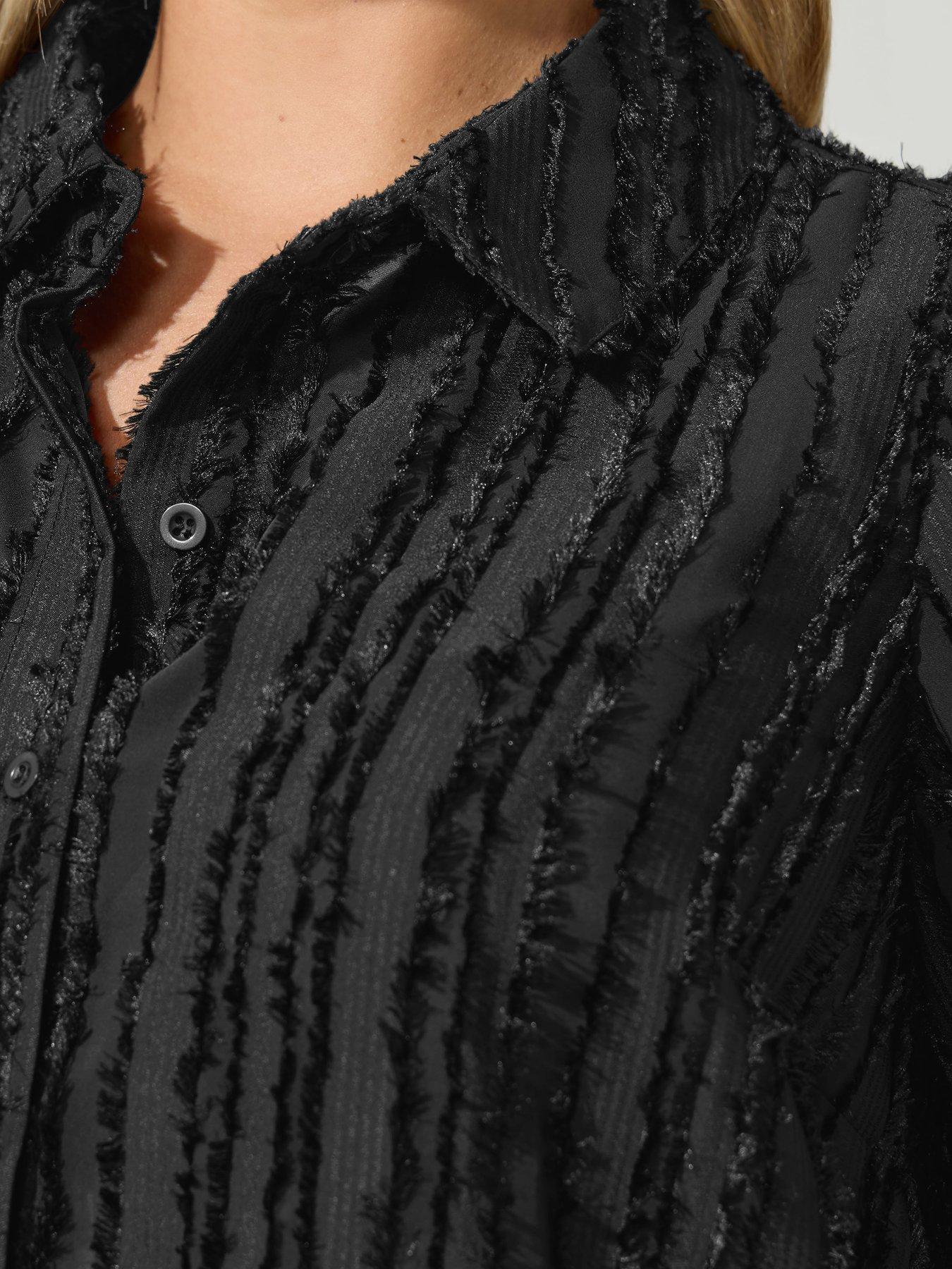 Image 4 of 4 of Yours Womens Curve Jacquard Stripe Longline Button-Through Shirt - Black
