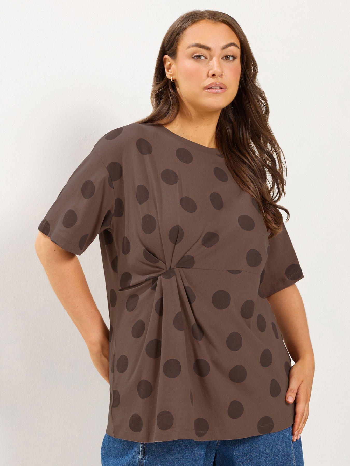 Image 1 of 4 of Yours Curve Polka Dot Twist Front T-Shirt - Brown