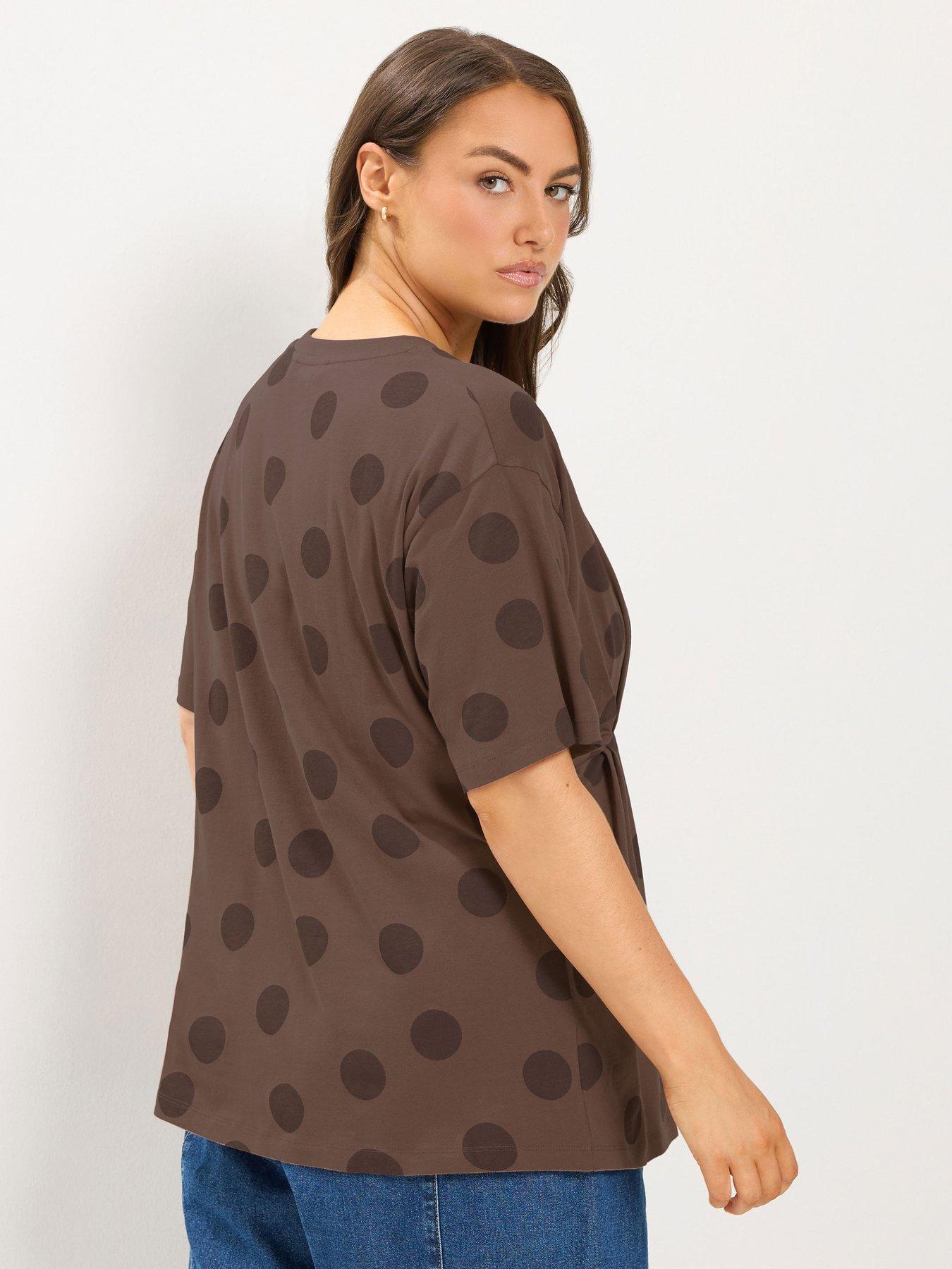 Image 2 of 4 of Yours Curve Polka Dot Twist Front T-Shirt - Brown