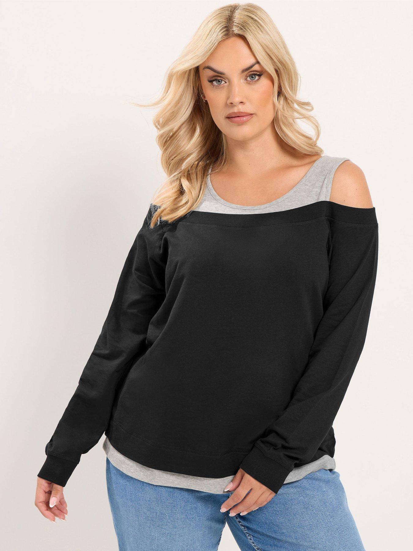 Image 1 of 4 of Yours Curve 2 In 1 Bardot Rib Trim T-Shirt - Black