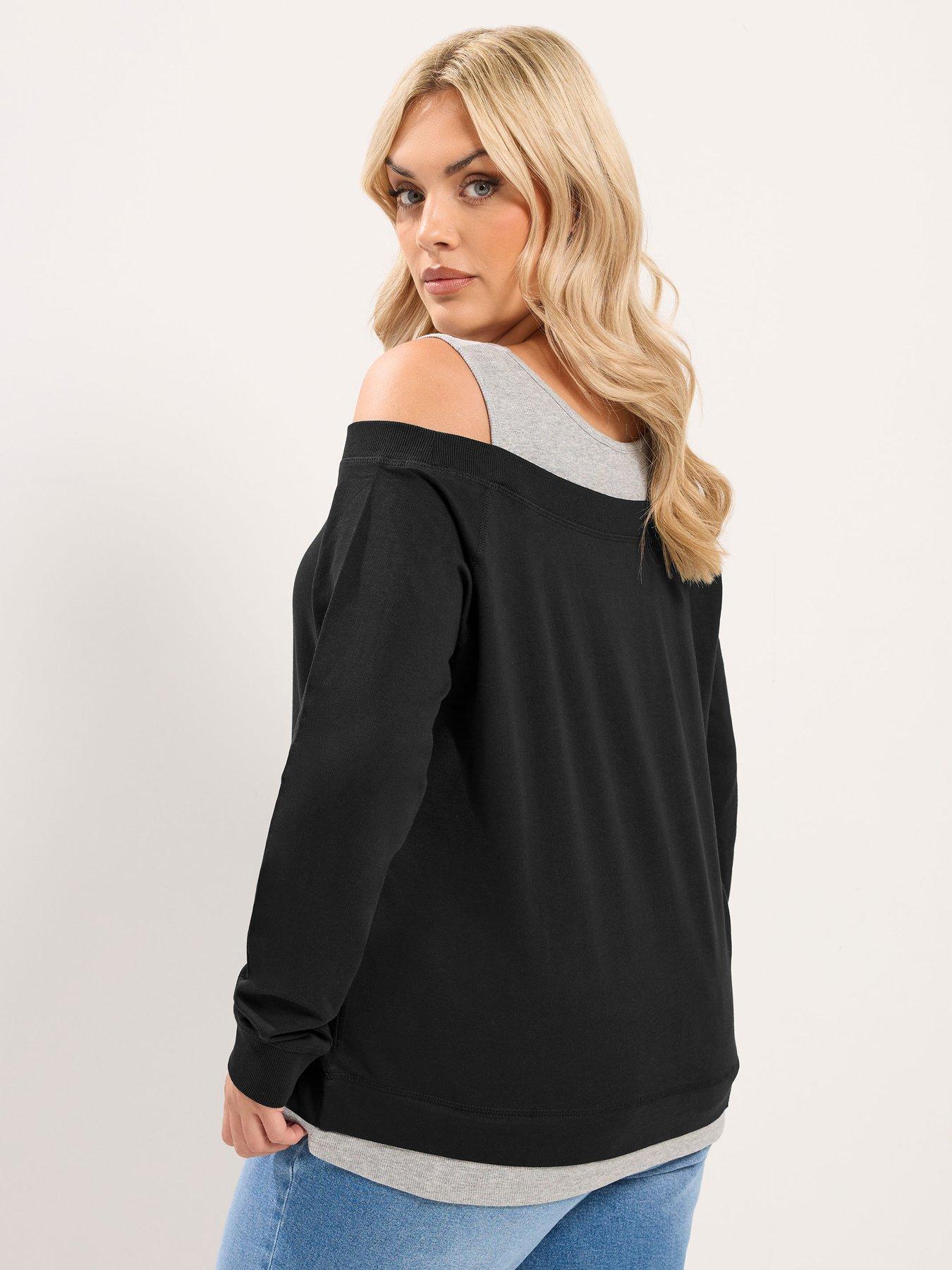 Image 2 of 4 of Yours Curve 2 In 1 Bardot Rib Trim T-Shirt - Black