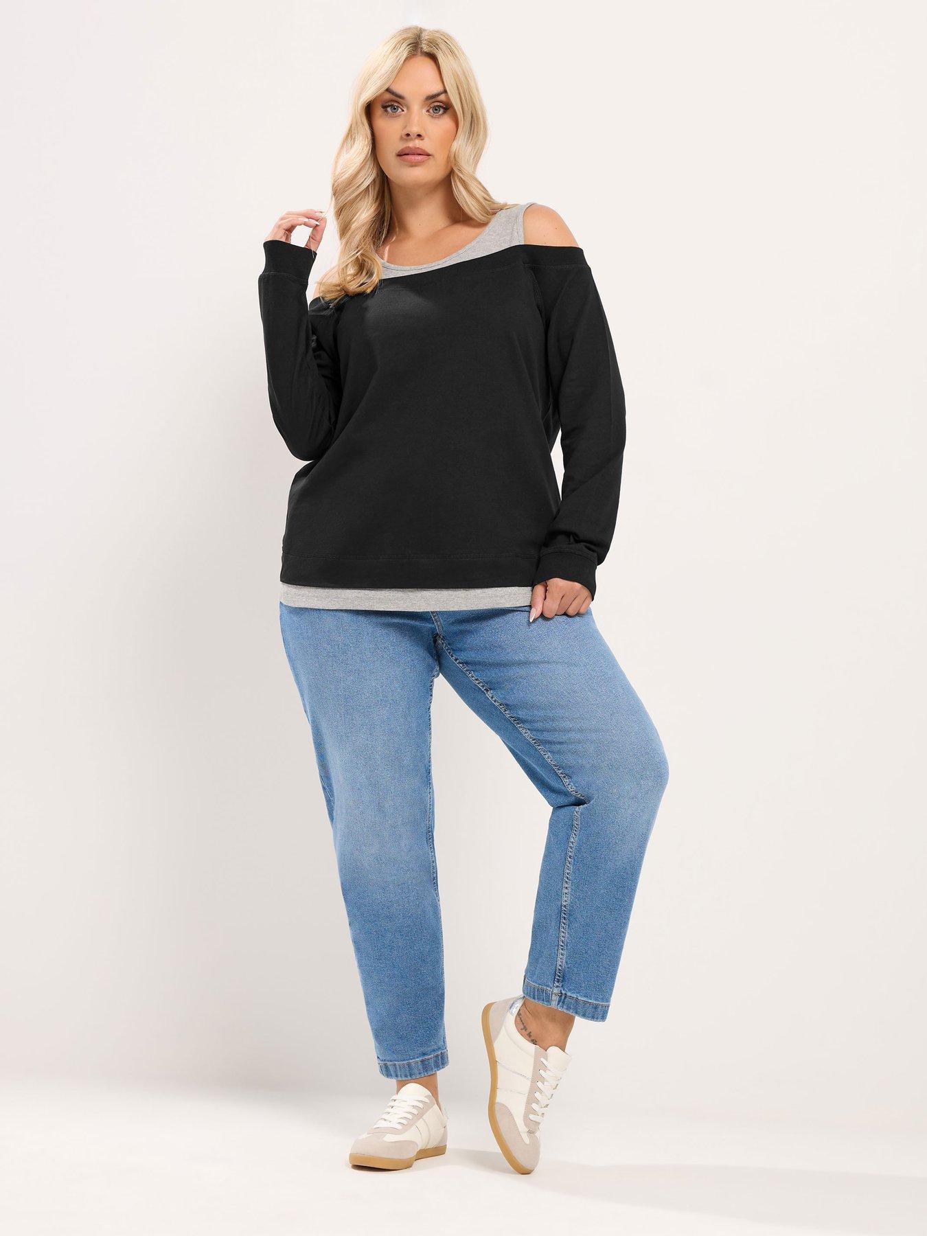 Image 3 of 4 of Yours Curve 2 In 1 Bardot Rib Trim T-Shirt - Black