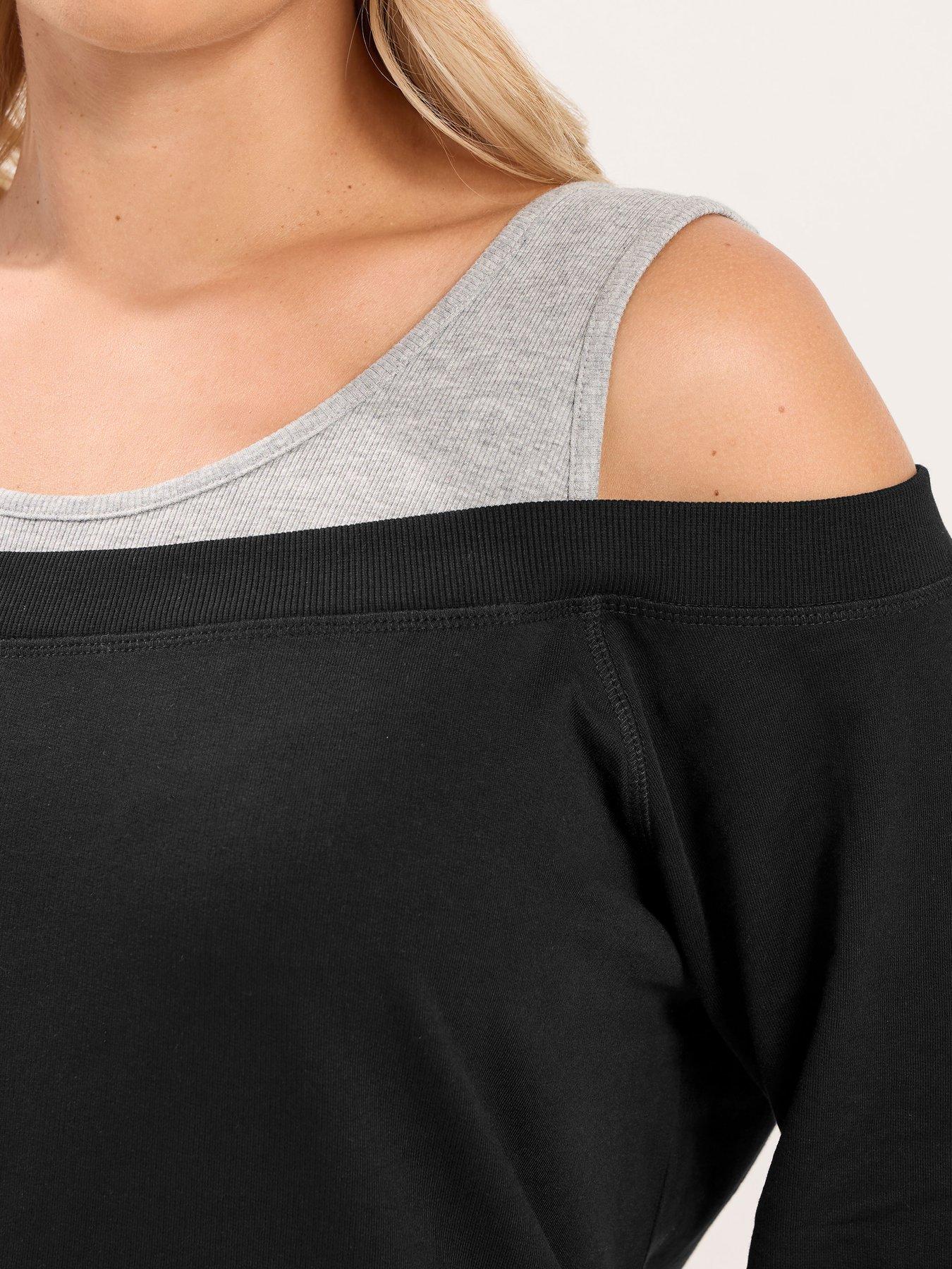 Image 4 of 4 of Yours Curve 2 In 1 Bardot Rib Trim T-Shirt - Black
