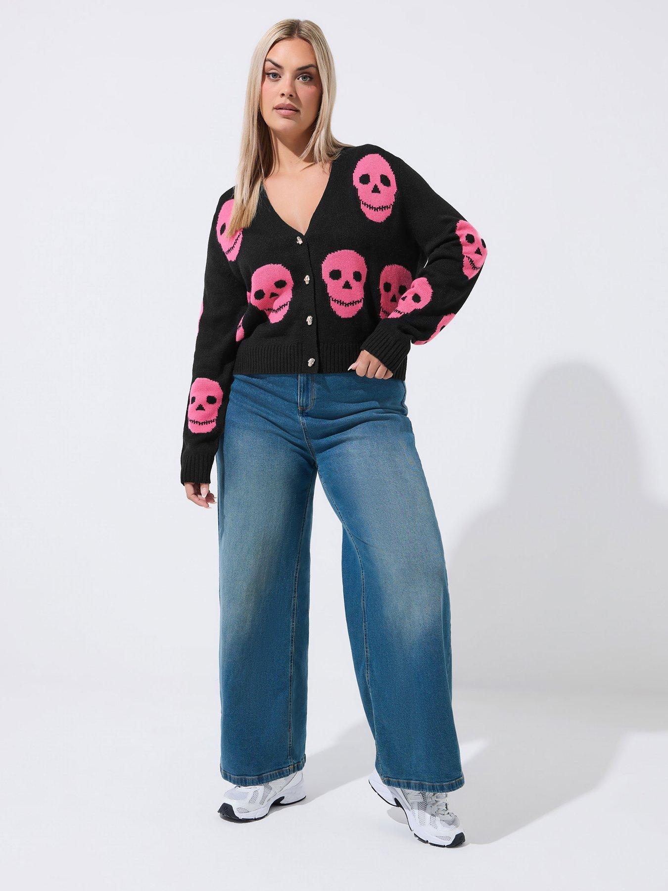 Image 3 of 4 of Yours Curve Skull Button Cardigan - Black