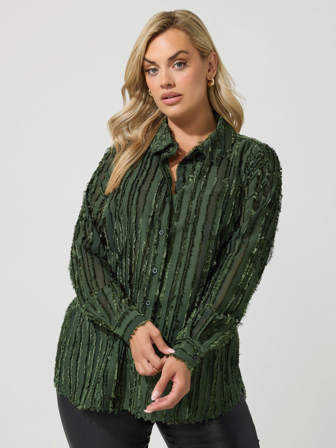 Image 1 of 4 of Yours Womens Curve Jacquard Stripe Shirt - Green