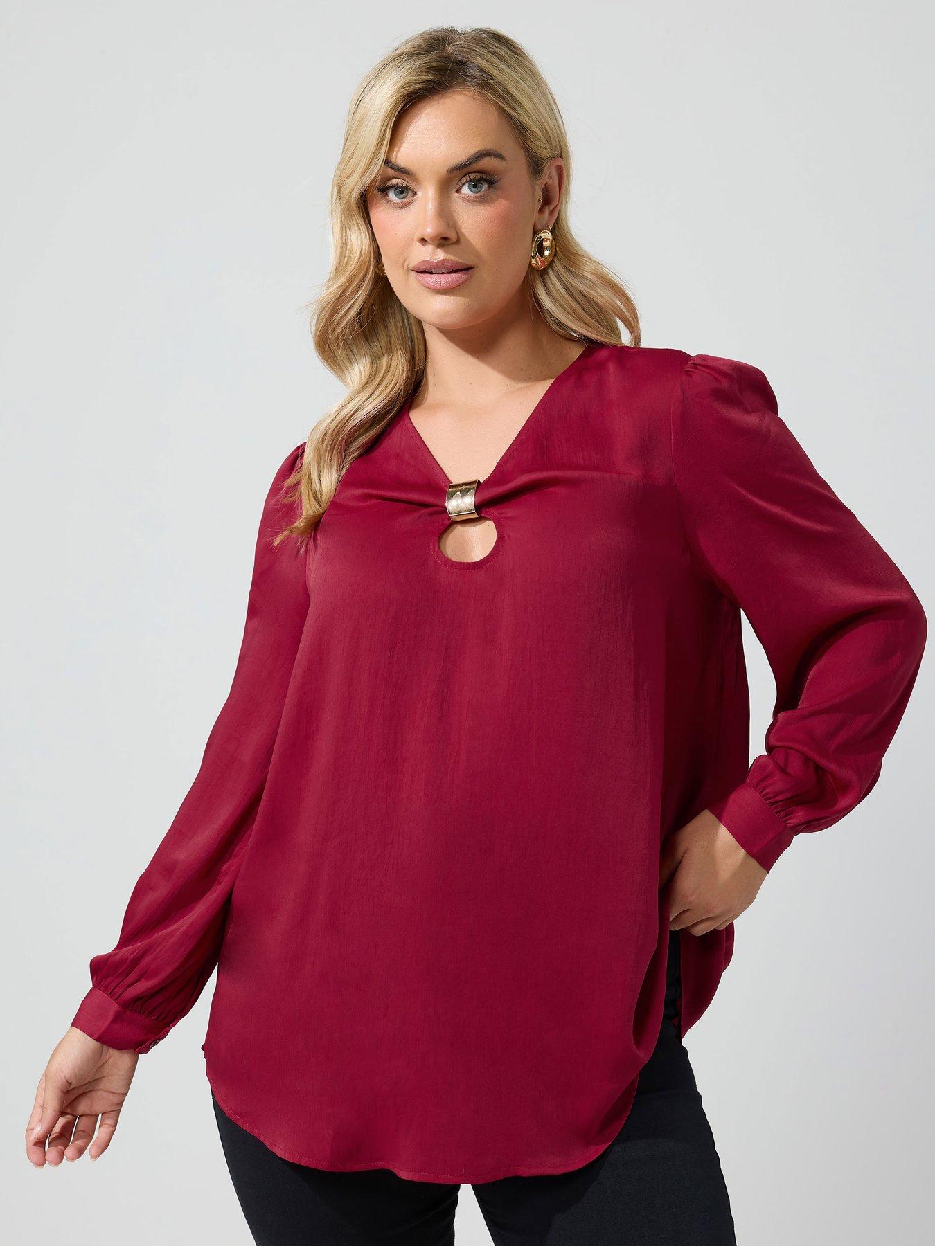 Yours Womens Curve Crinkle Satin Metal Trim Blouse - Red