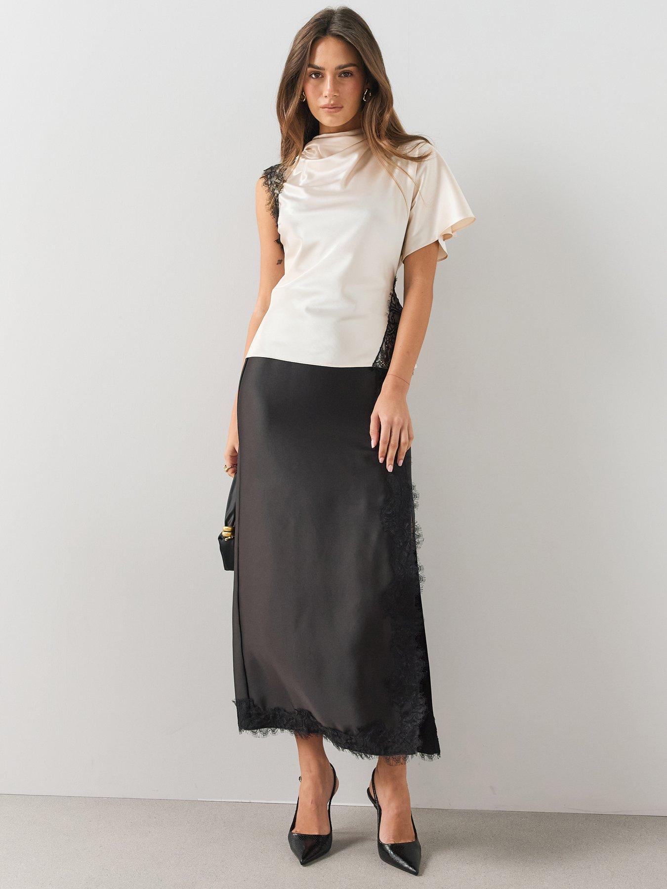 The Very Collection Satin Lace Trim Maxi Skirt - Black