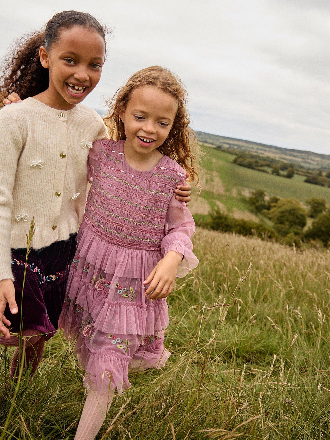 Monsoon Girls Mesh Sequin Embroidered Ruffle Dress - Pink