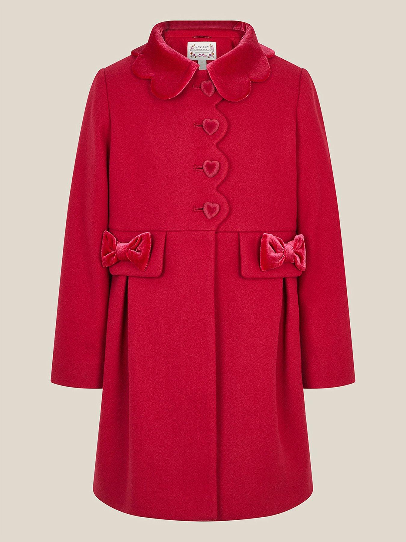 Image 2 of 4 of Monsoon Girls Scalloped Collar Heart Buttons Smart Coat - Dark Red