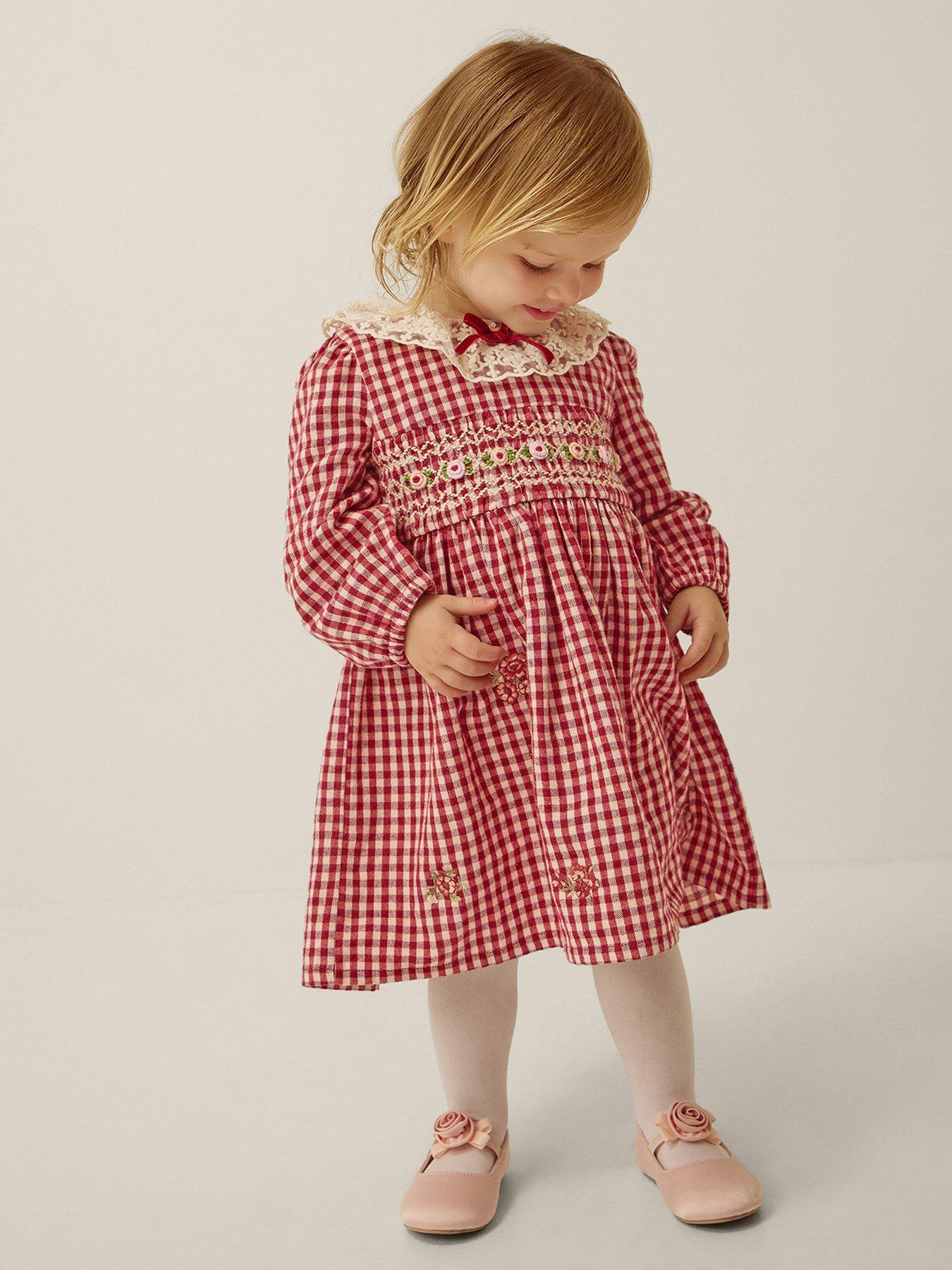Image 1 of 4 of Monsoon Baby Girls Check Smocked Dress &amp; Knickers - Dark Red
