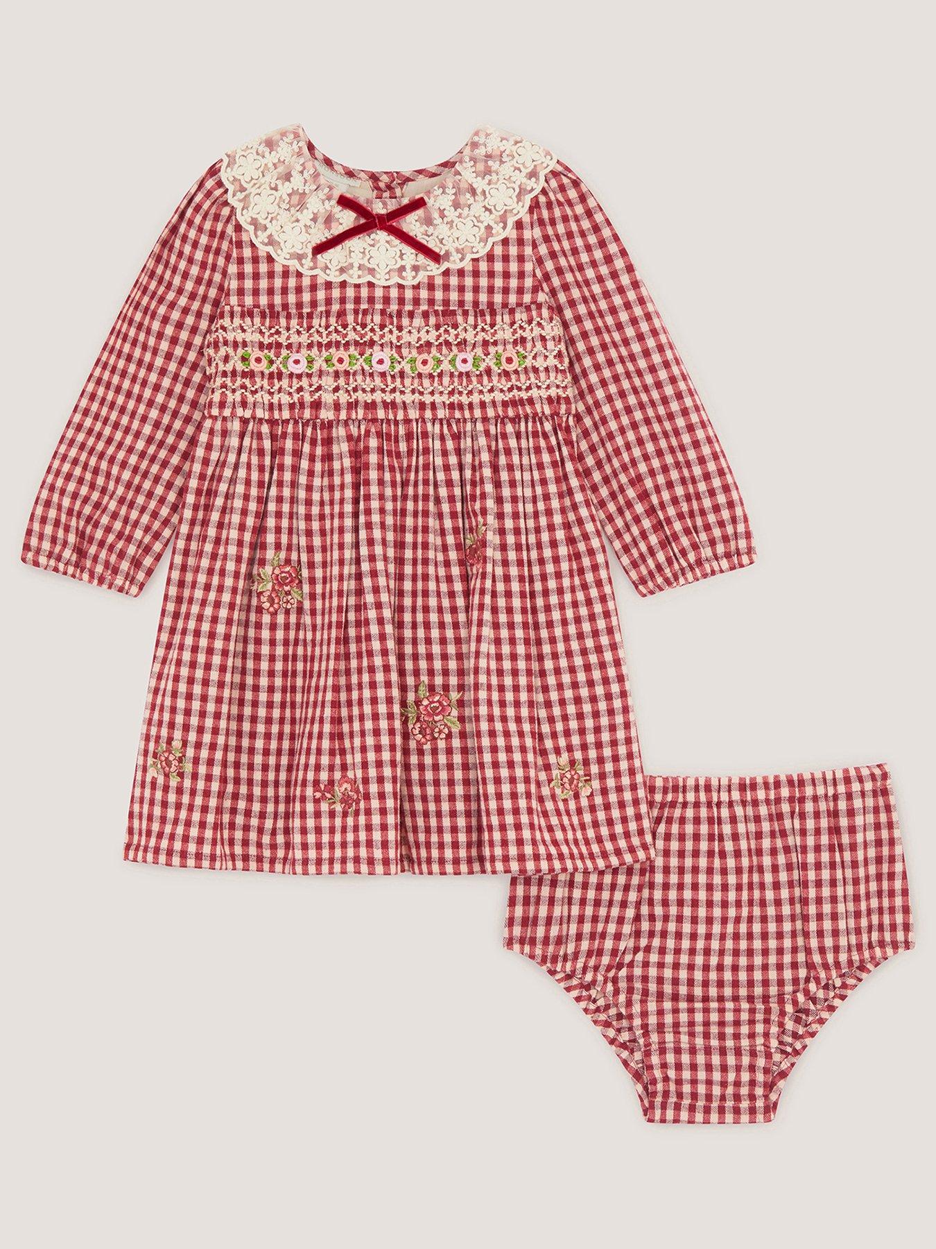 Image 2 of 4 of Monsoon Baby Girls Check Smocked Dress &amp; Knickers - Dark Red