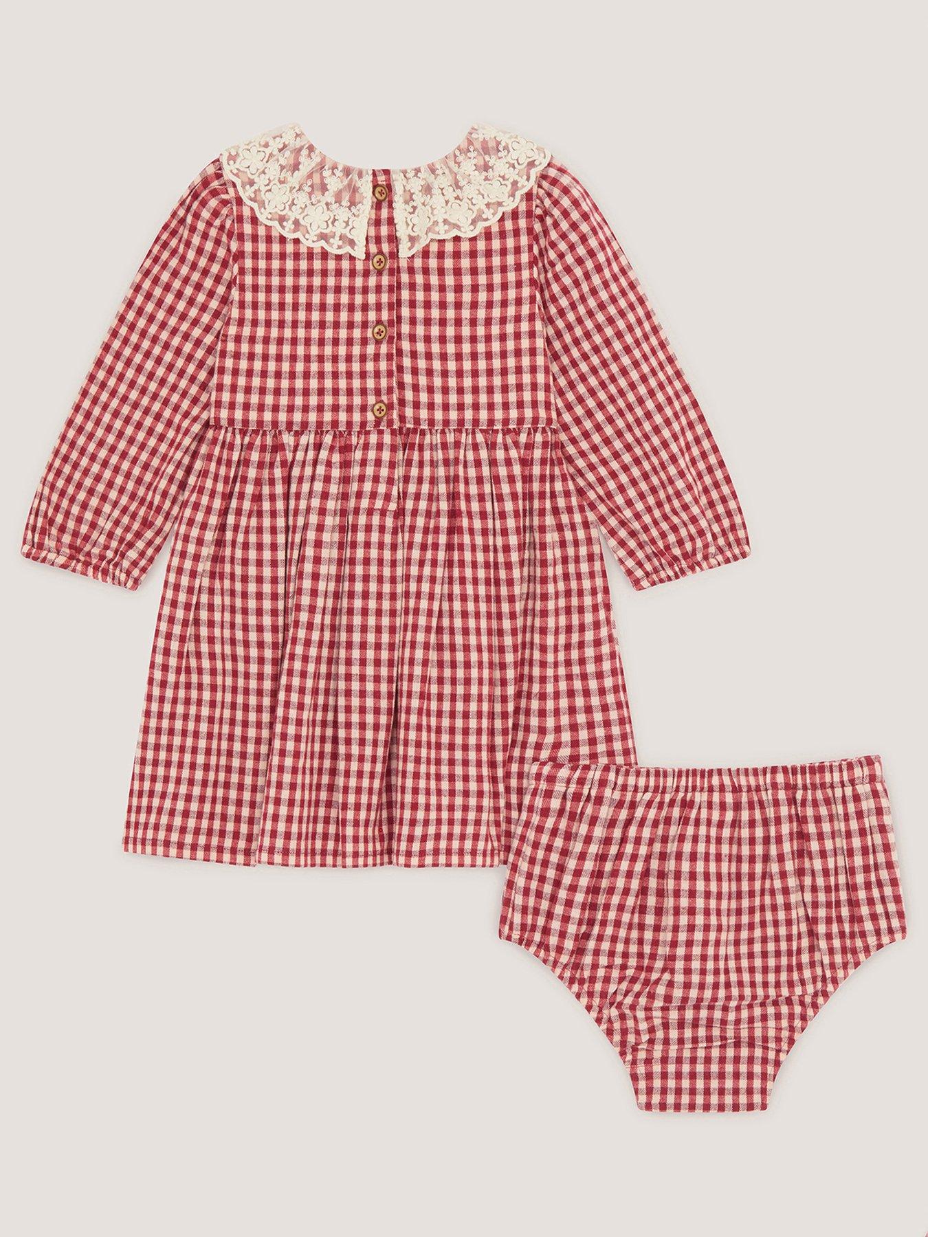 Image 3 of 4 of Monsoon Baby Girls Check Smocked Dress &amp; Knickers - Dark Red