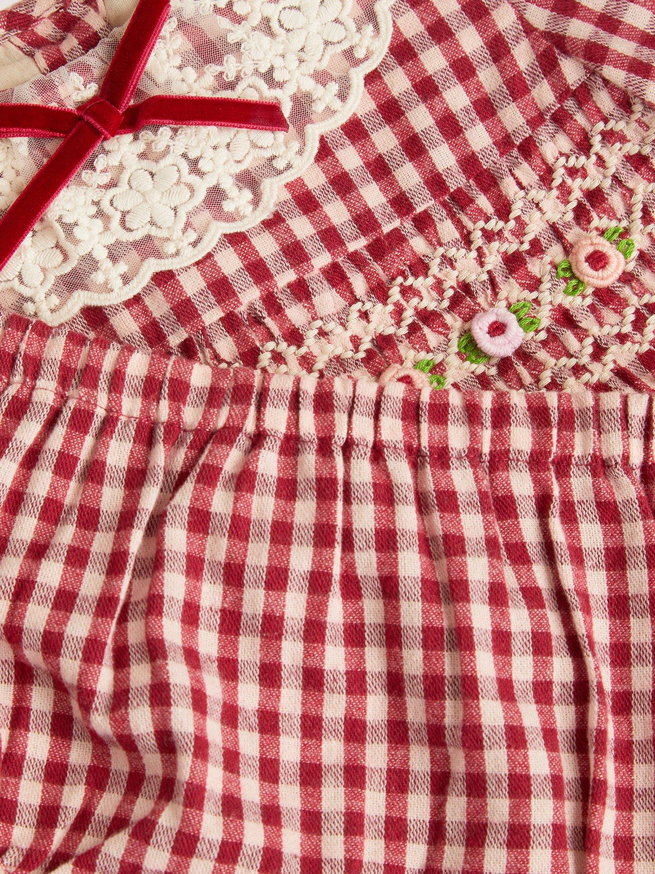 Image 4 of 4 of Monsoon Baby Girls Check Smocked Dress &amp; Knickers - Dark Red
