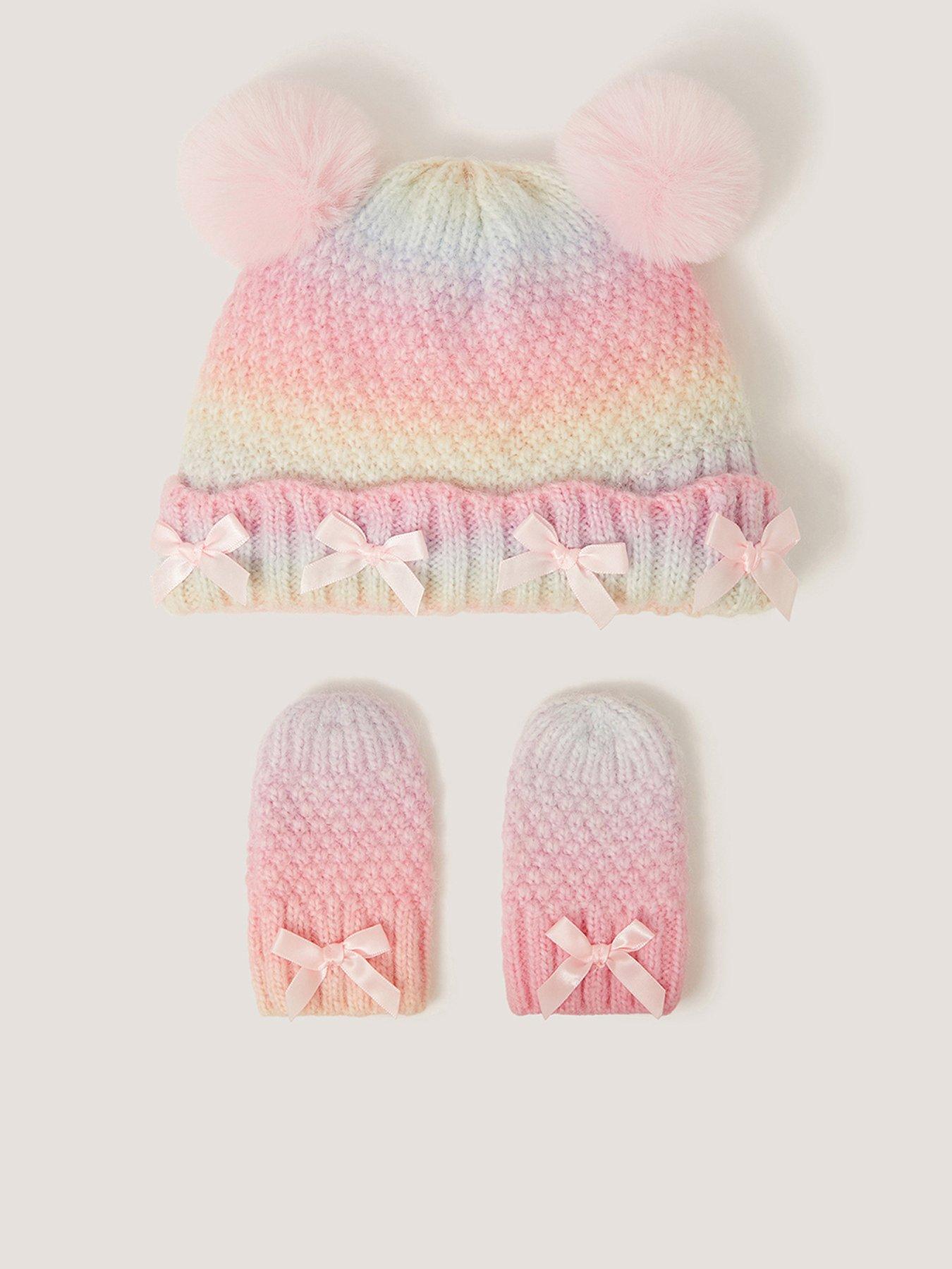 Image 1 of 3 of Monsoon Baby Girls Ombre Cable Pom-Pom Hat &amp; Mittens Set - Multi