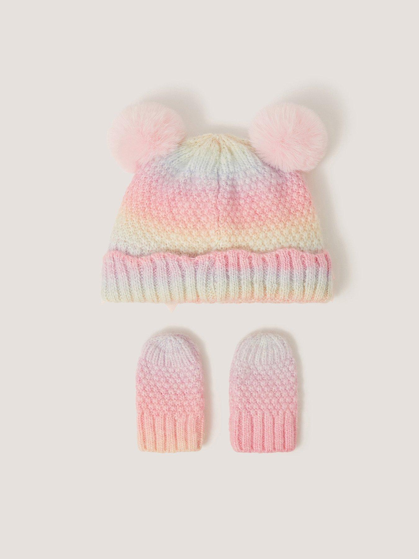 Image 2 of 3 of Monsoon Baby Girls Ombre Cable Pom-Pom Hat &amp; Mittens Set - Multi