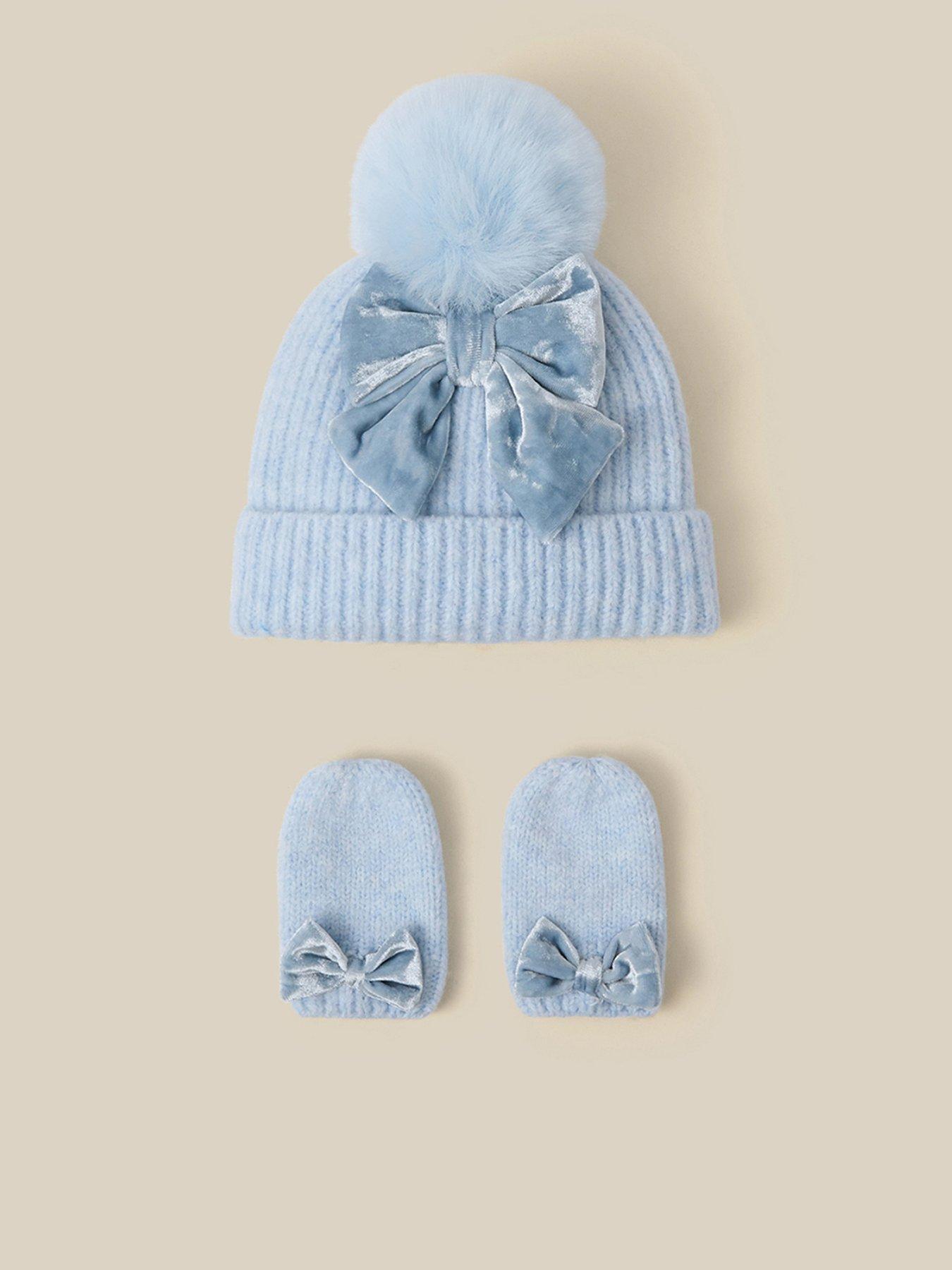 Image 1 of 3 of Monsoon Girls Bow Pom Pom Hat &amp; Gloves Set - Blue