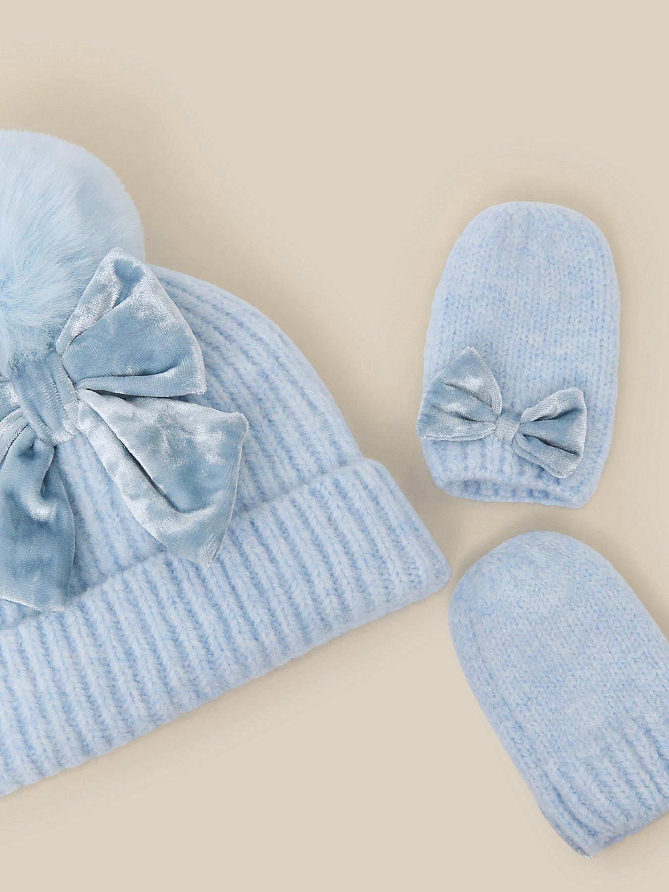 Image 3 of 3 of Monsoon Girls Bow Pom Pom Hat &amp; Gloves Set - Blue