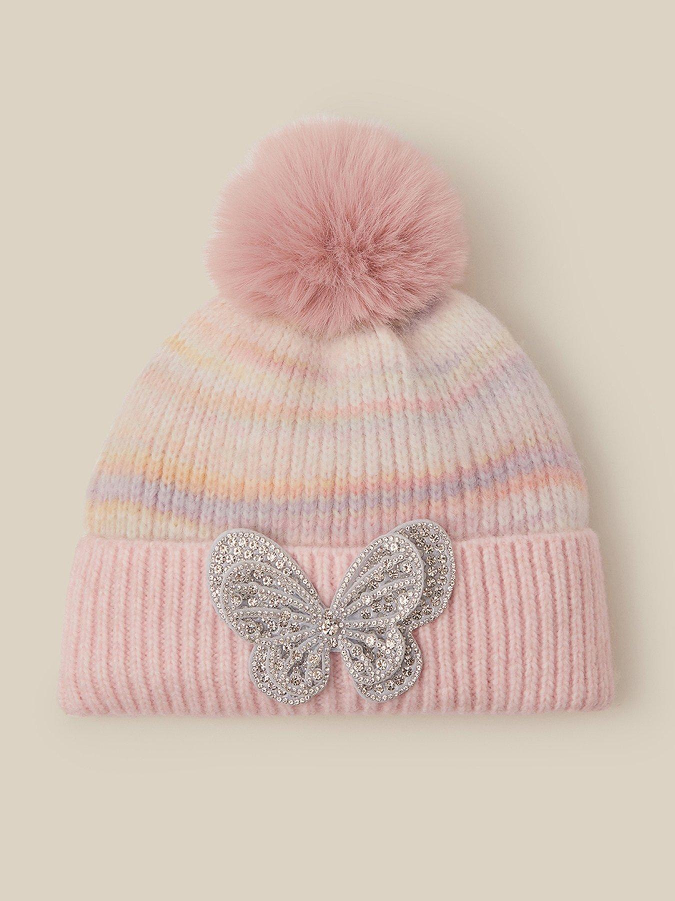 Image 1 of 3 of Monsoon Girls Pastel Bling Butterfly Stripe Beanie Hat - Multi