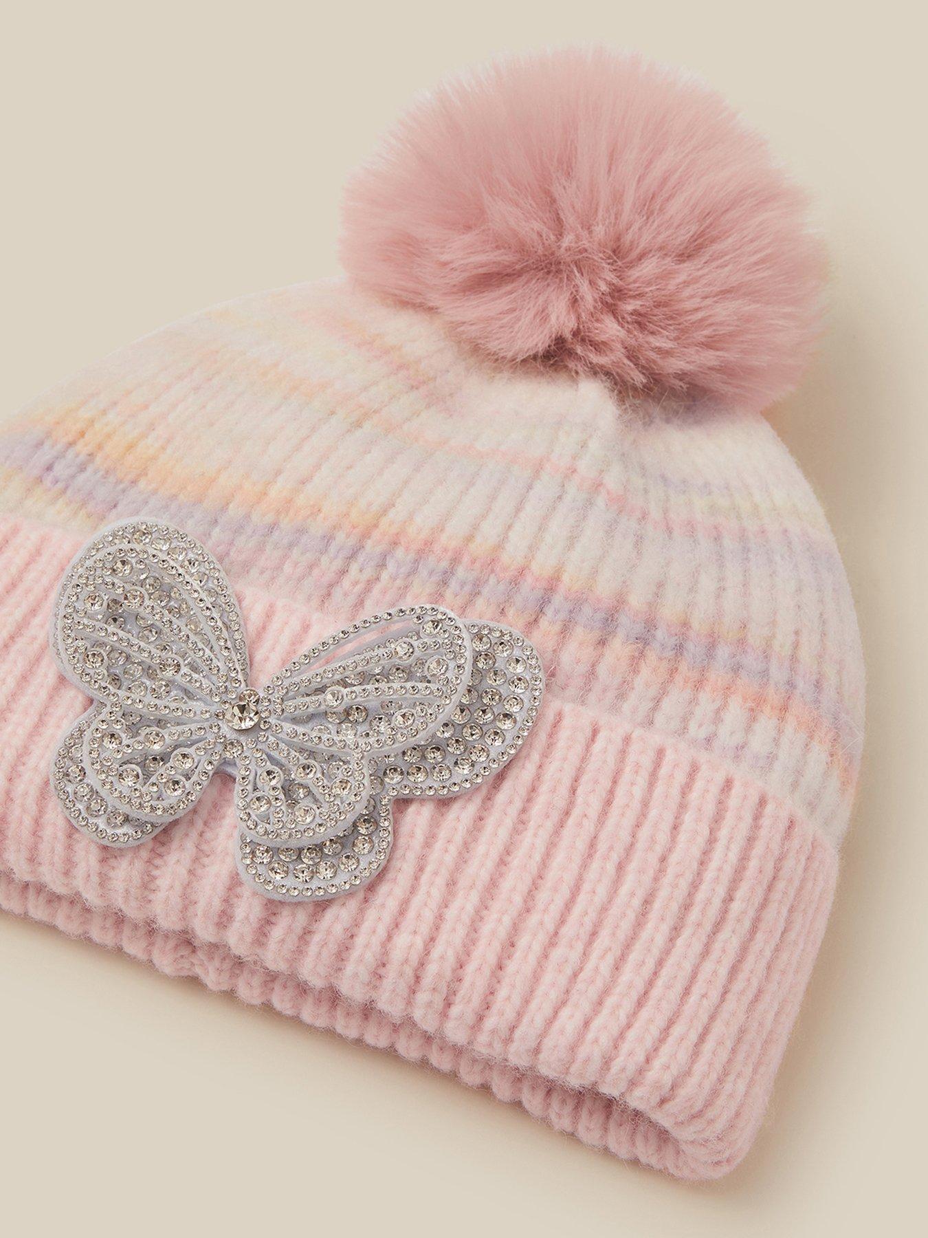 Image 3 of 3 of Monsoon Girls Pastel Bling Butterfly Stripe Beanie Hat - Multi