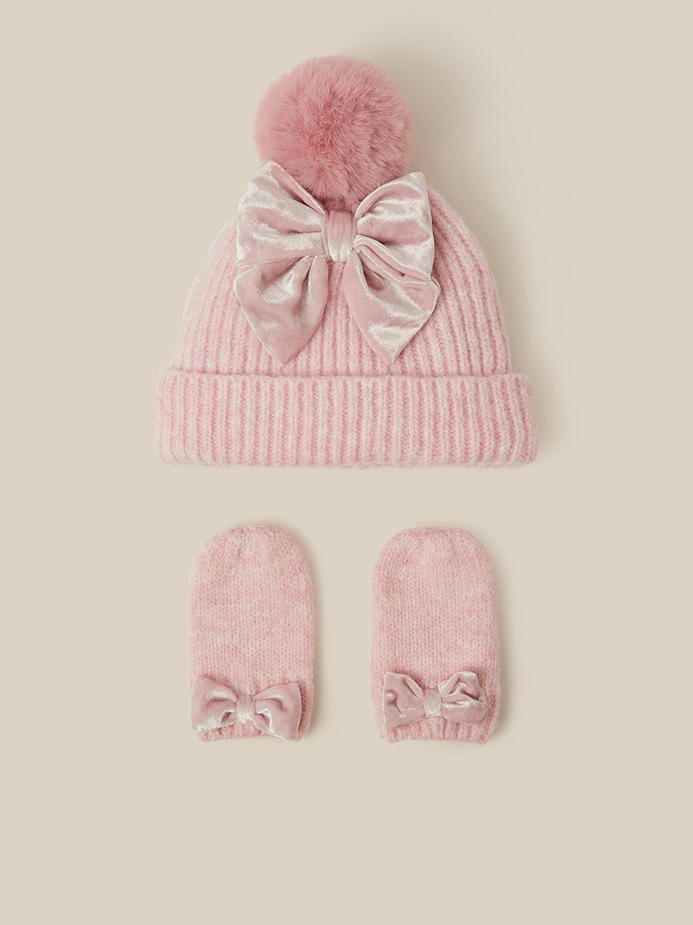 Image 1 of 3 of Monsoon Girls Bow Detail Bobble Hat and Mittens - Pink
