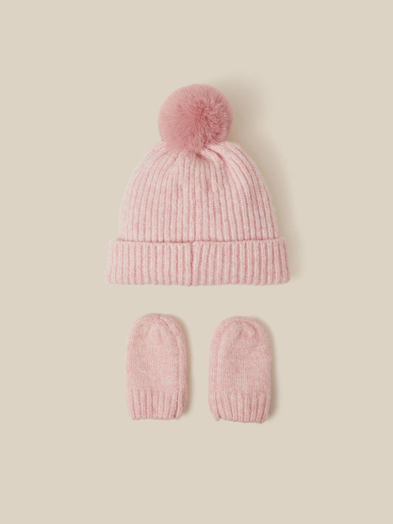 Image 2 of 3 of Monsoon Girls Bow Detail Bobble Hat and Mittens - Pink