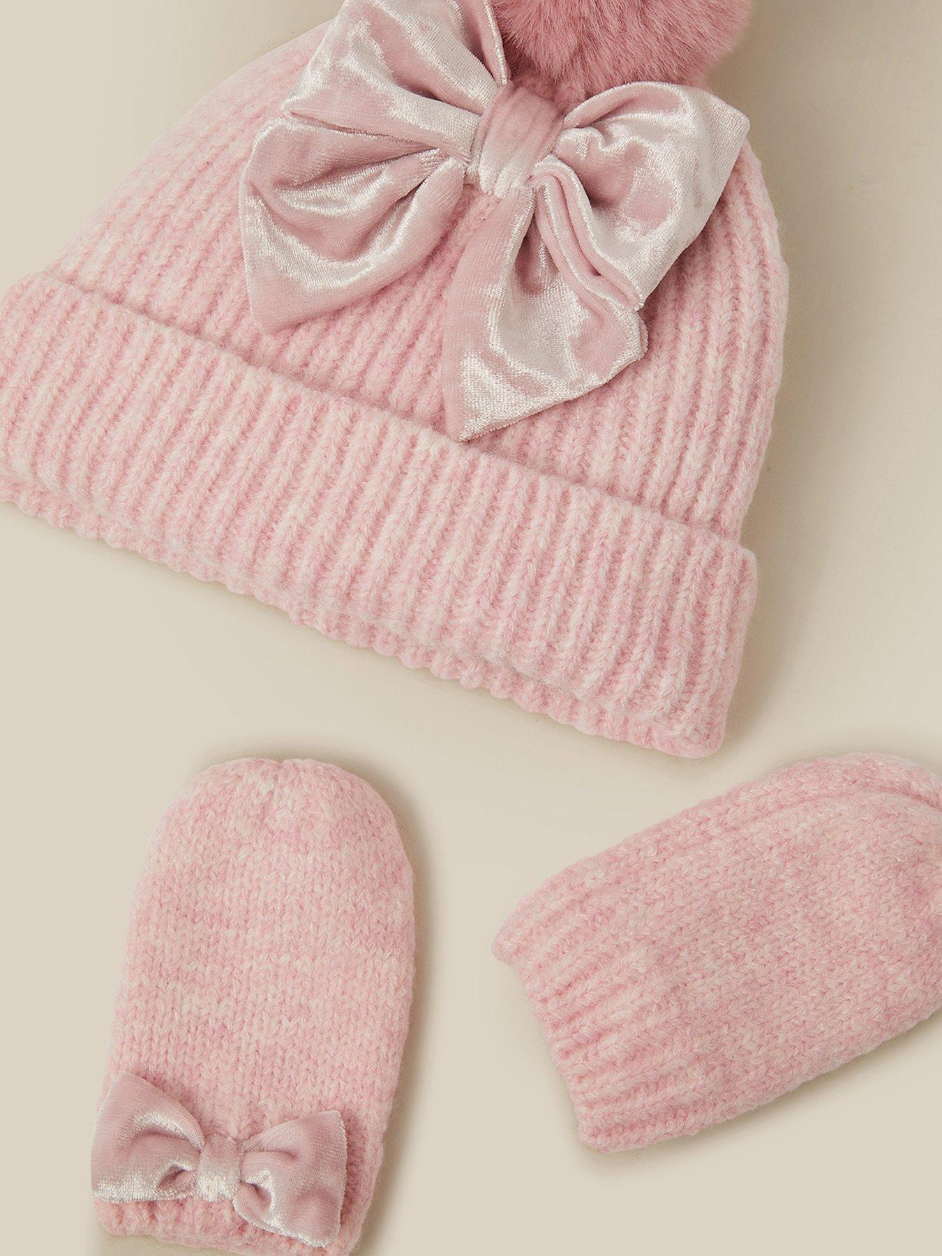 Image 3 of 3 of Monsoon Girls Bow Detail Bobble Hat and Mittens - Pink