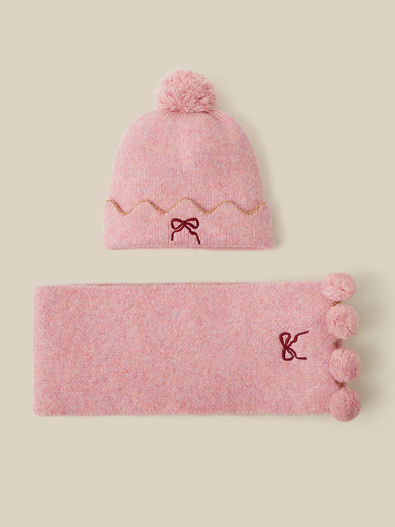 Image 1 of 3 of Monsoon Girls Embroidered Bow Pom-Pom Knitted Hat &amp; Scarf Set - Pink