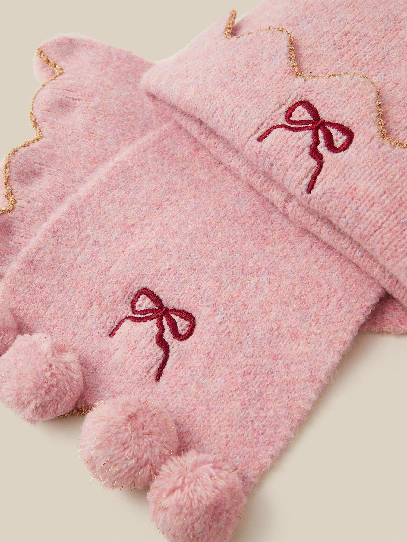 Image 3 of 3 of Monsoon Girls Embroidered Bow Pom-Pom Knitted Hat &amp; Scarf Set - Pink