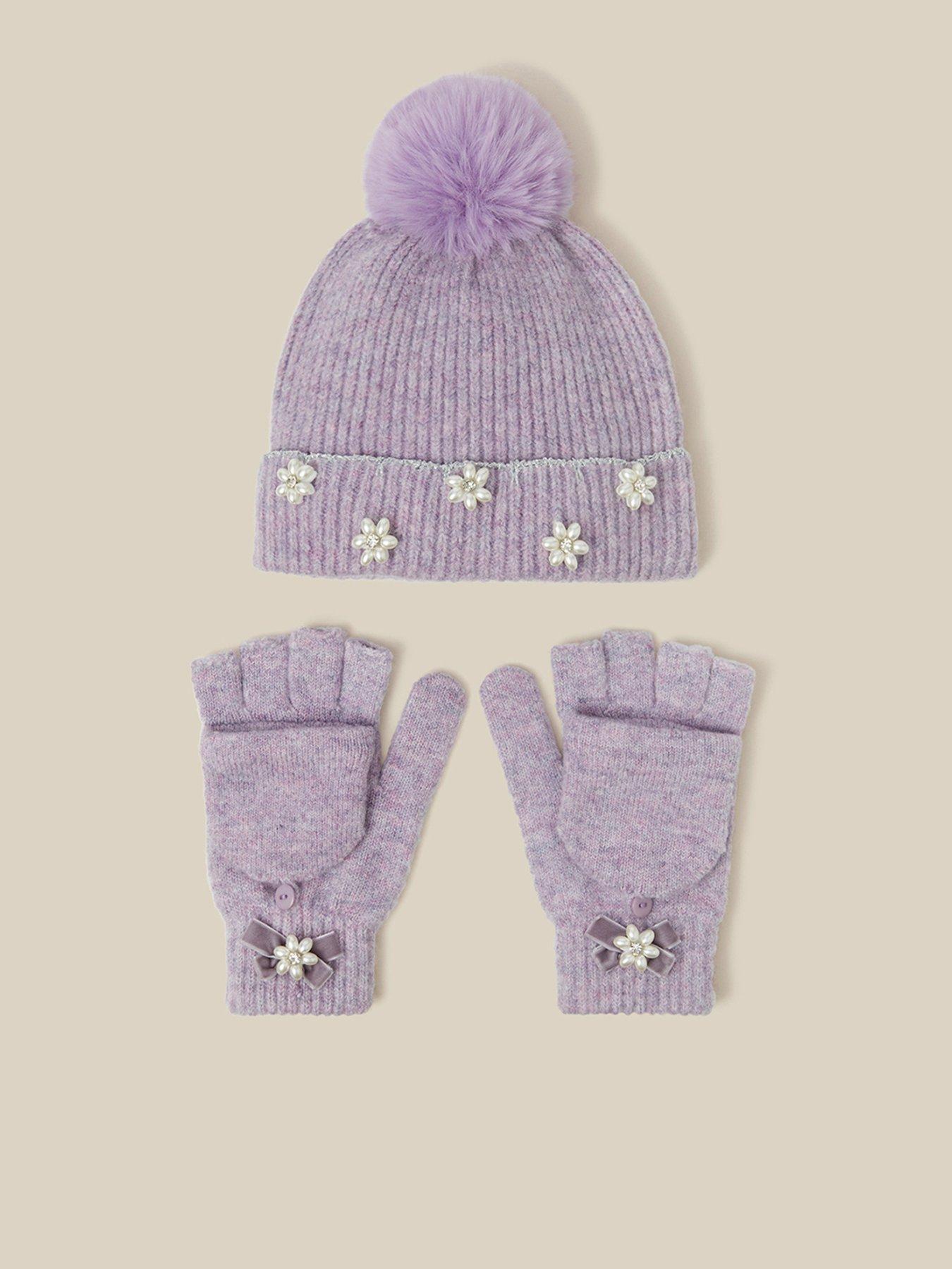 Image 1 of 3 of Monsoon Girls Rib Knit Pom-Pom Hat and Gloves Set - Light Purple