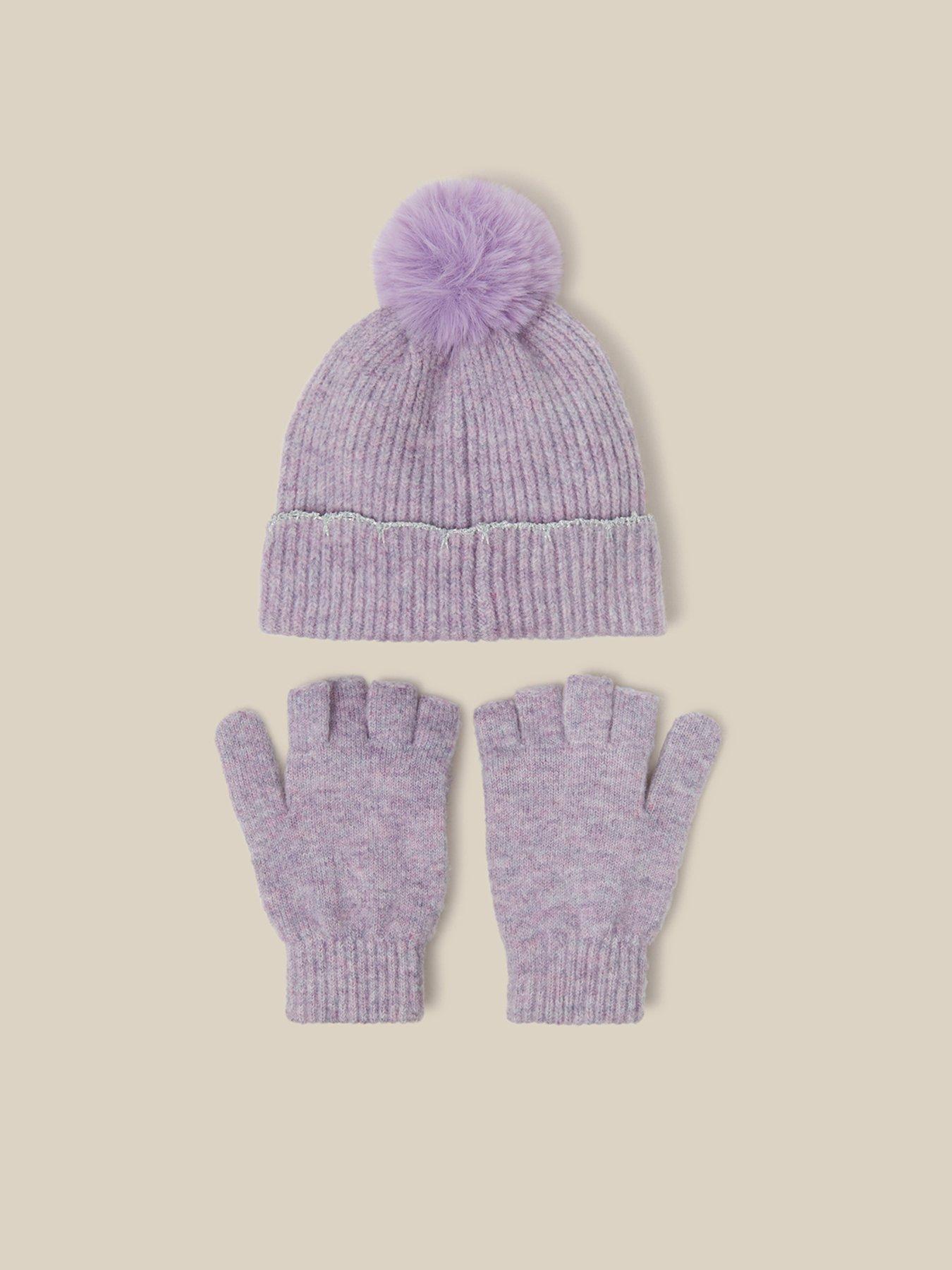 Image 2 of 3 of Monsoon Girls Rib Knit Pom-Pom Hat and Gloves Set - Light Purple