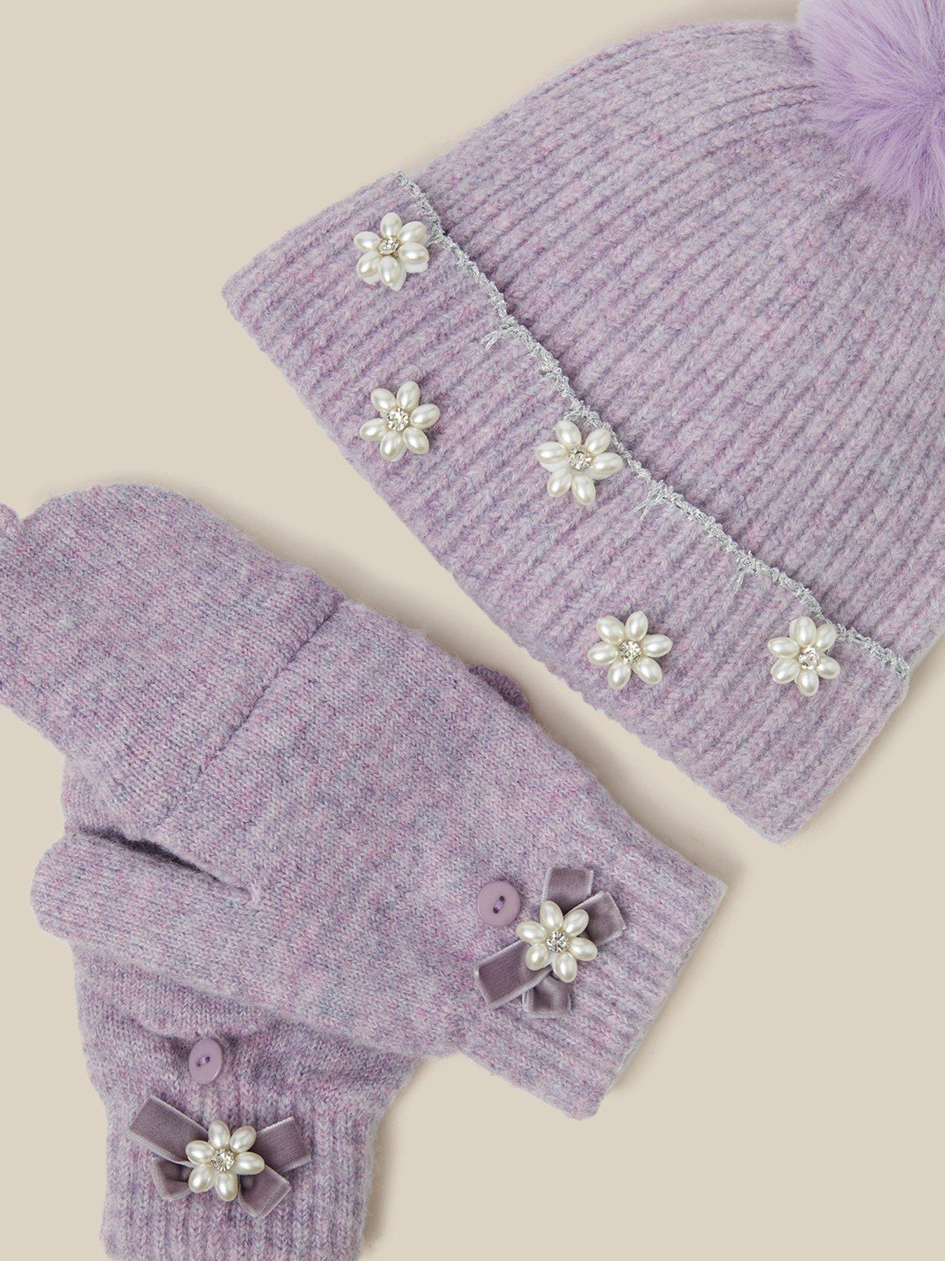 Image 3 of 3 of Monsoon Girls Rib Knit Pom-Pom Hat and Gloves Set - Light Purple