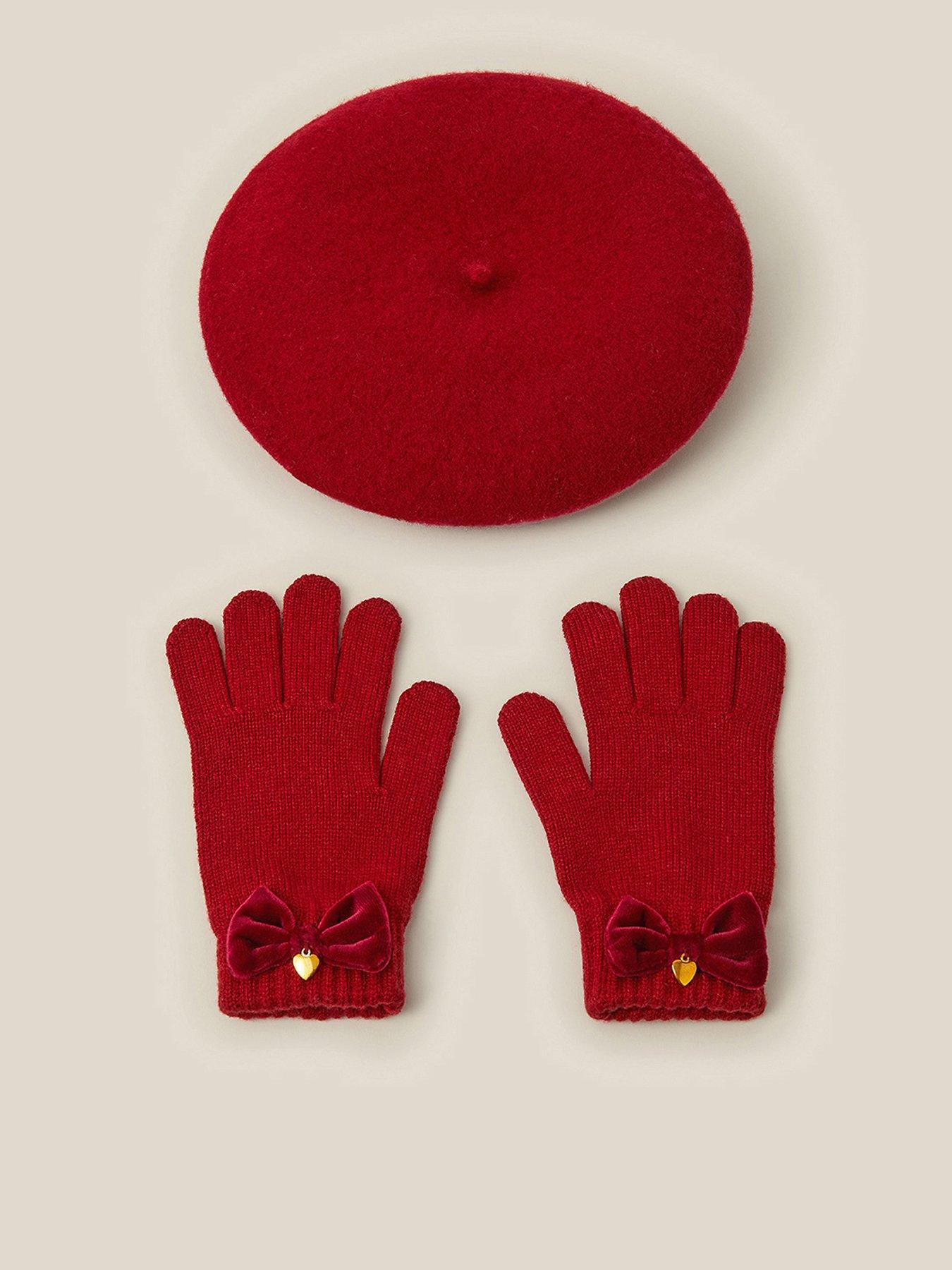 Monsoon Girls Velvet Bow Beret  &  Gloves - Red