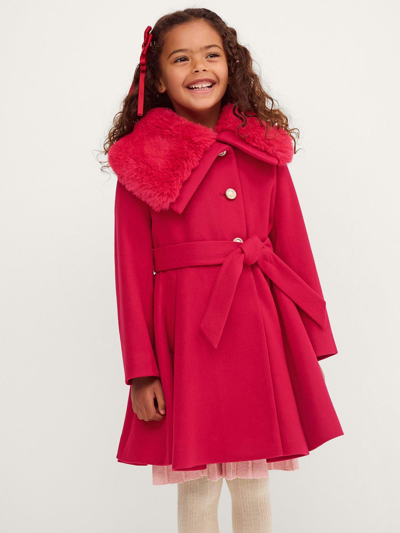 Image 1 of 4 of Monsoon Girls Faux-Fur Collar Belted Skirted Coat - Red