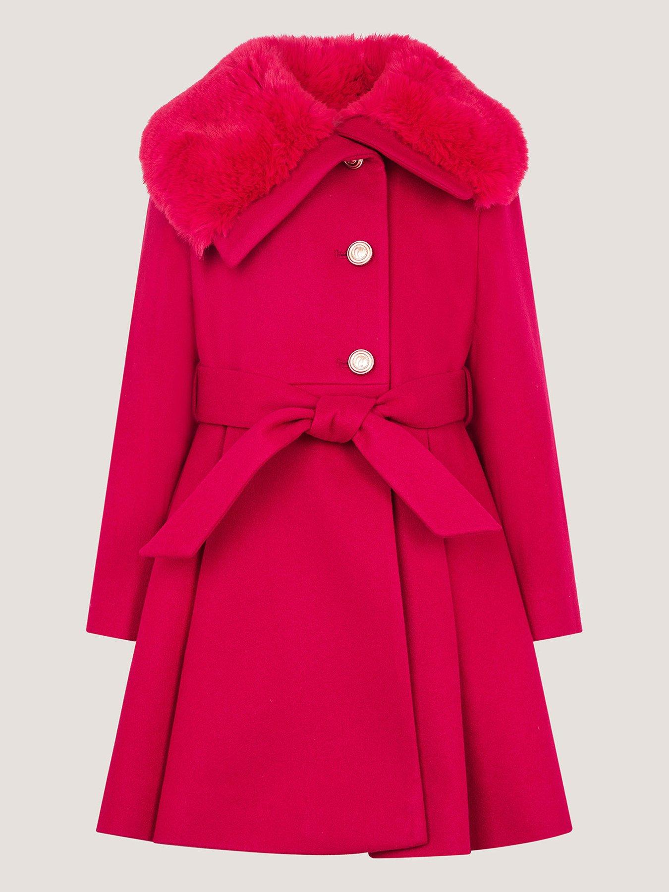 Image 2 of 4 of Monsoon Girls Faux-Fur Collar Belted Skirted Coat - Red