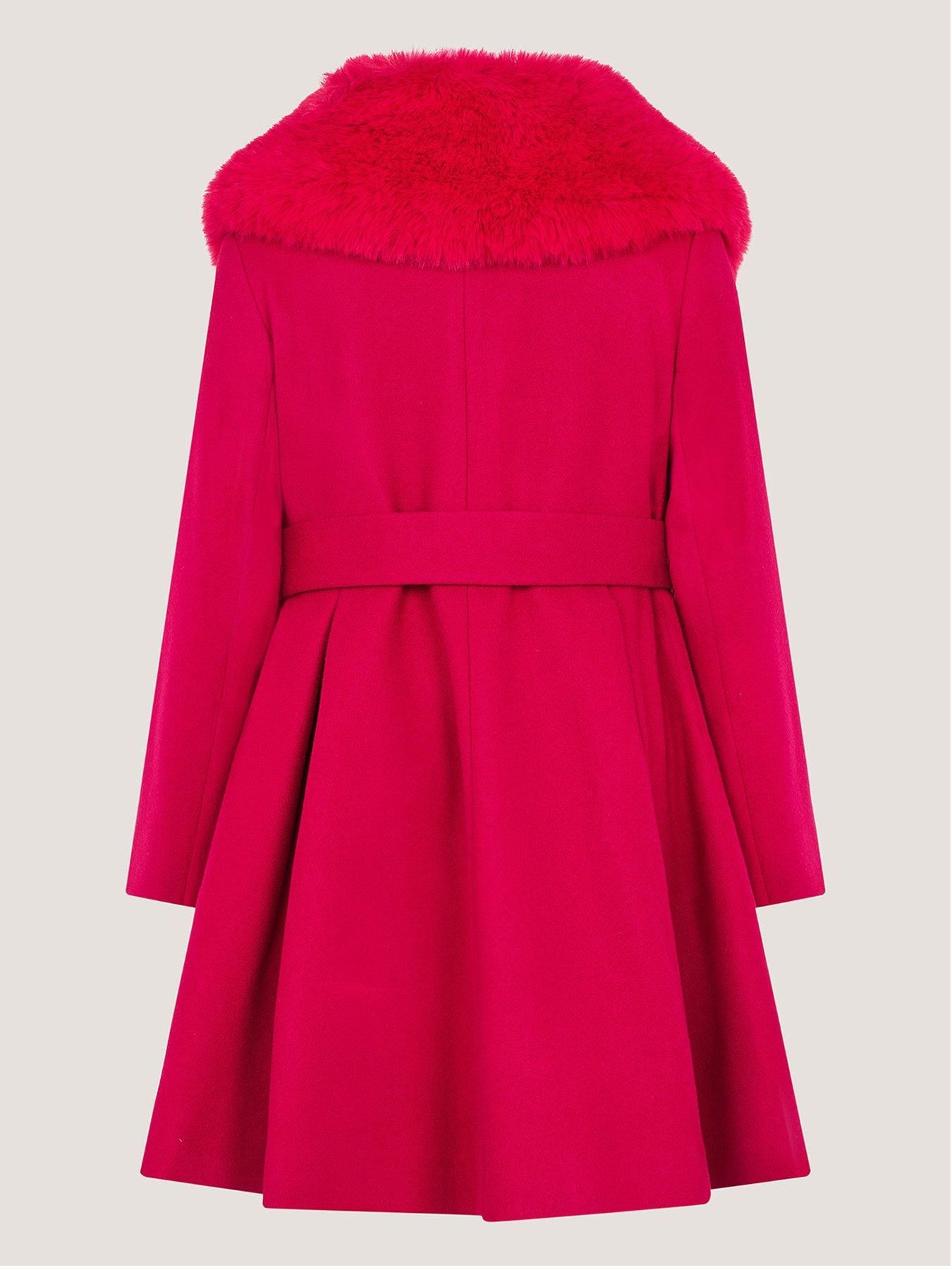 Image 3 of 4 of Monsoon Girls Faux-Fur Collar Belted Skirted Coat - Red