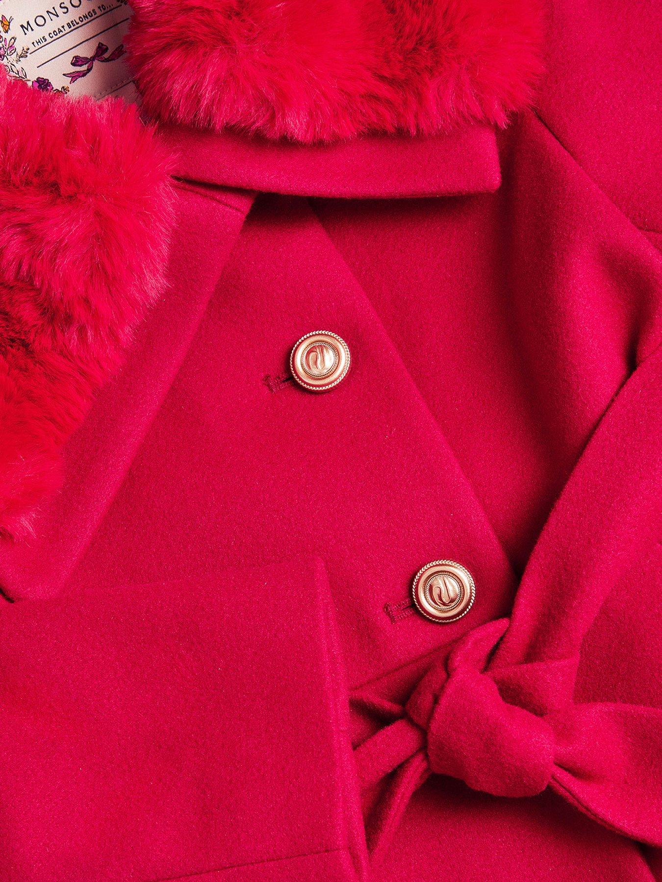 Image 4 of 4 of Monsoon Girls Faux-Fur Collar Belted Skirted Coat - Red