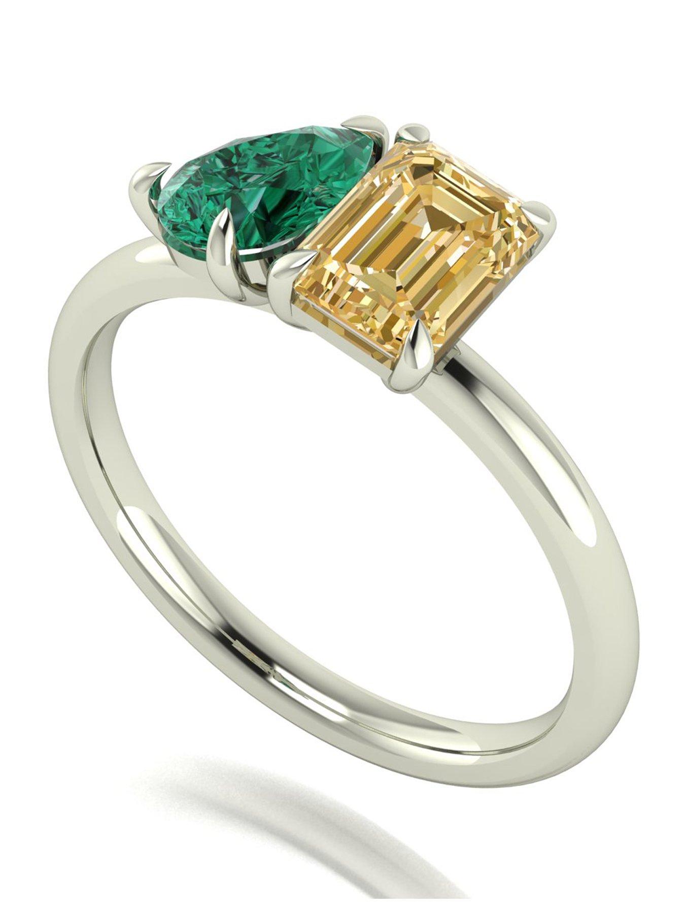 Moissanite 9ct White Gold Verde and Champagne Pear and Emerald Cut Moissanite Toi et Moi Ring