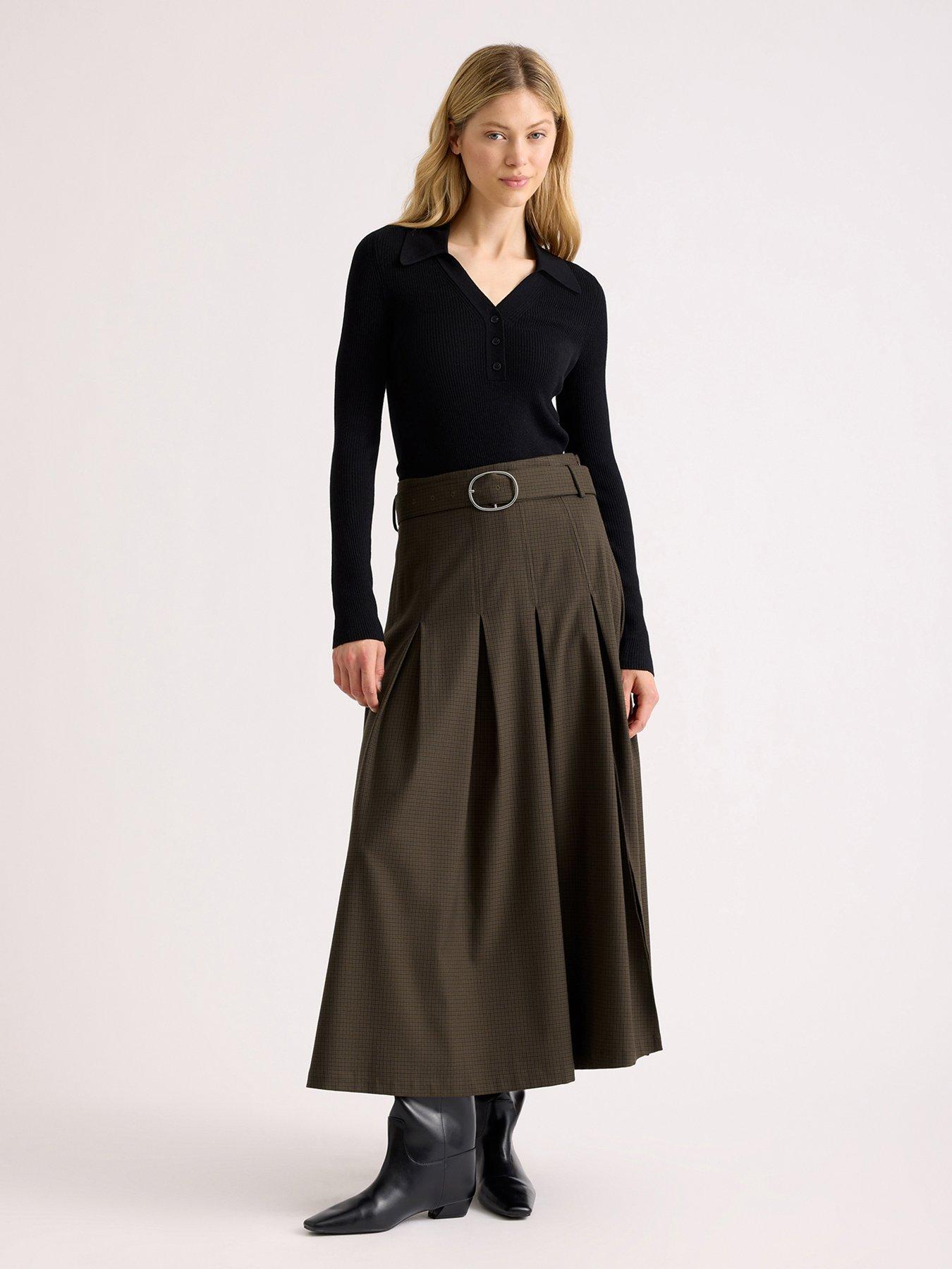 Albaray Women's Mini Checked Belted Midi Skirt - Brown