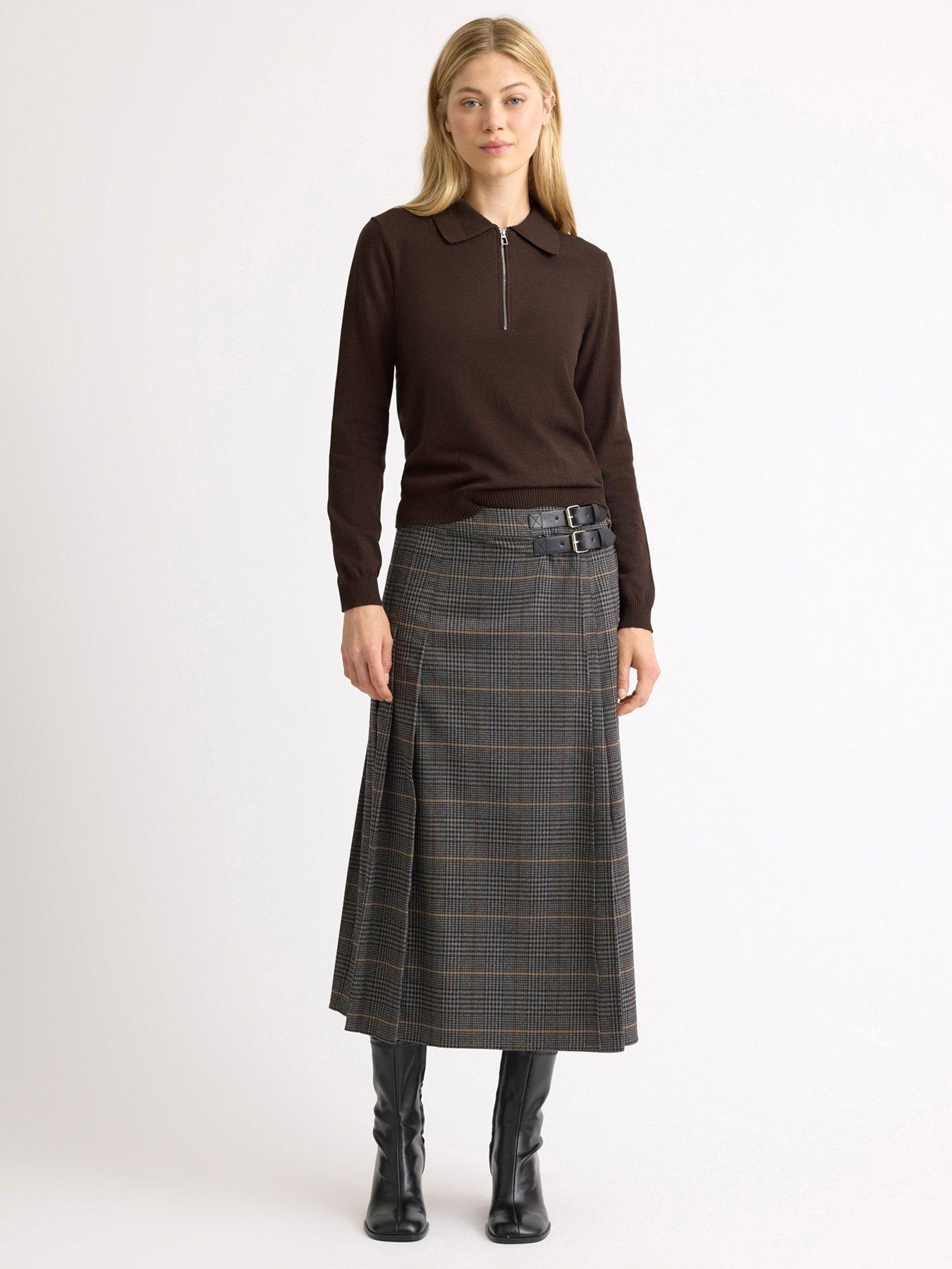 Albaray Women's Plaid Midi Kilt Skirt - Grey