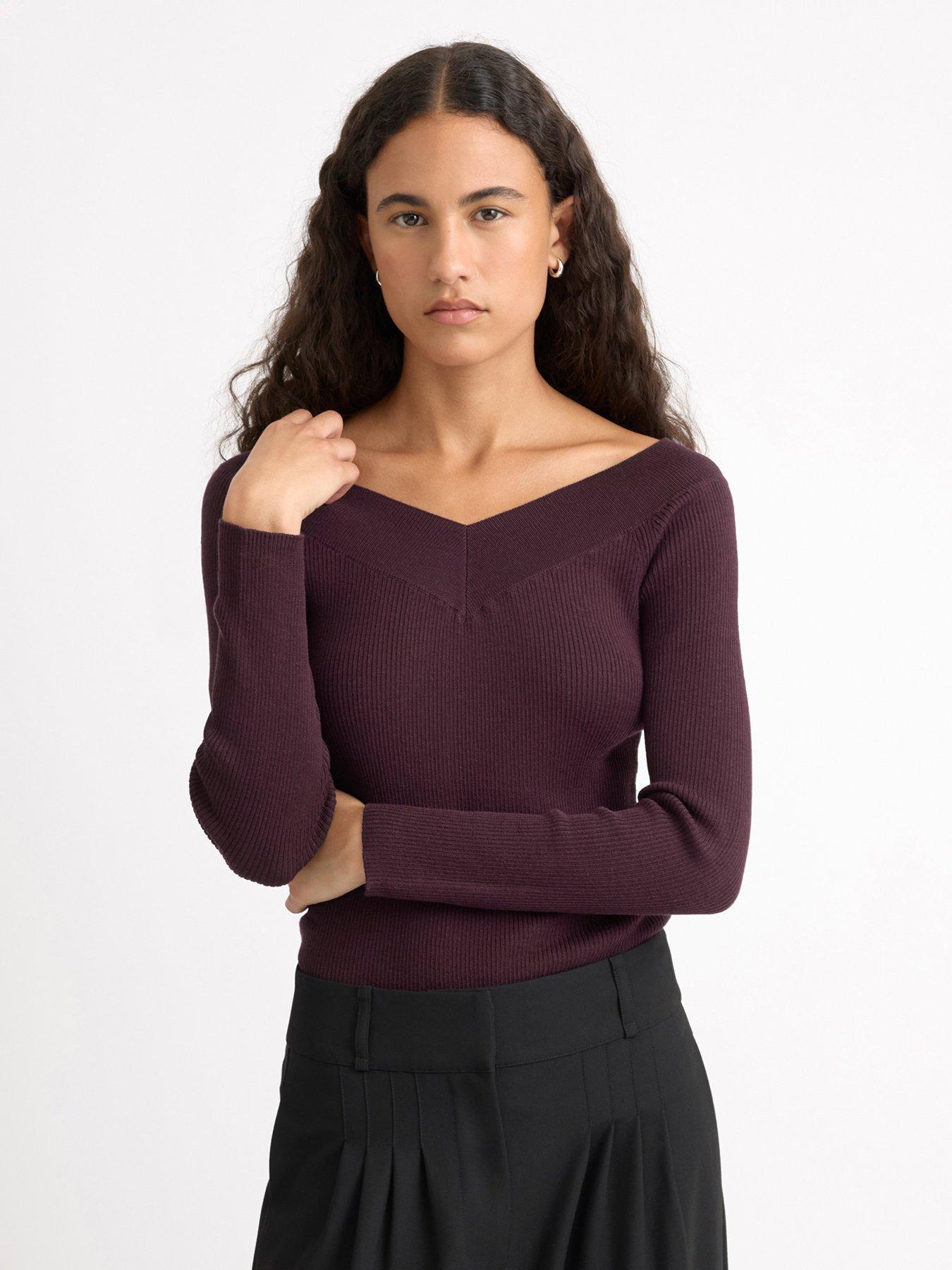 Albaray Soft V Bardot Long Sleeve Top - Burgundy
