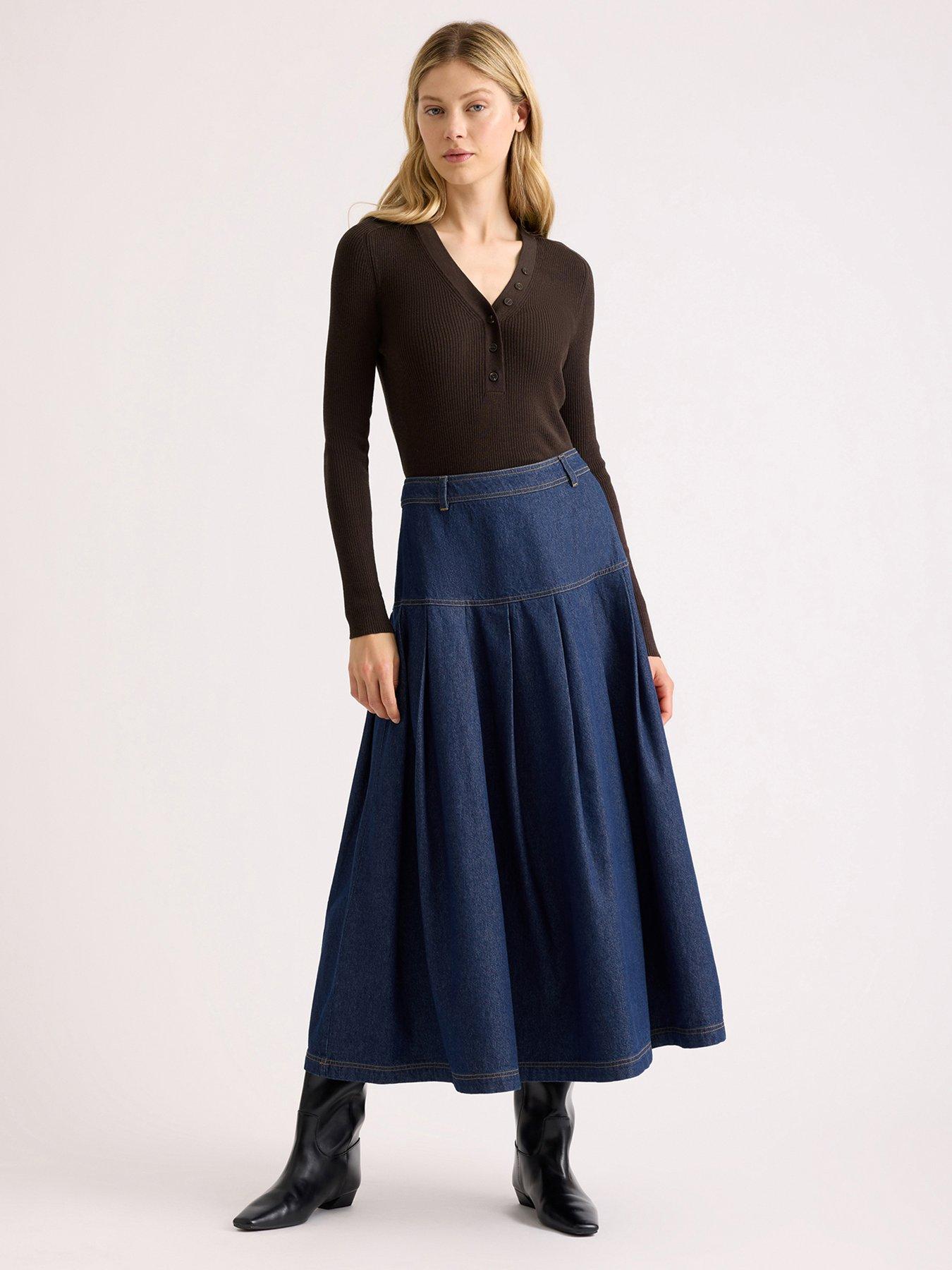 Albaray Denim Drop Waist Pleat Skirt - Blue