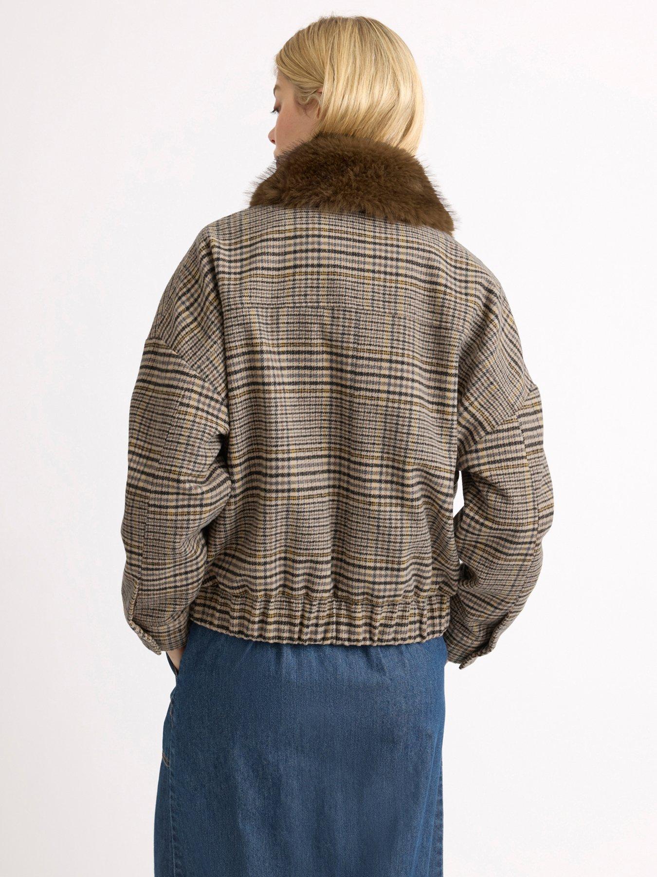 Image 2 of 5 of Albaray Womens Faux Fur Collar Check Bomber Jacket - Beige